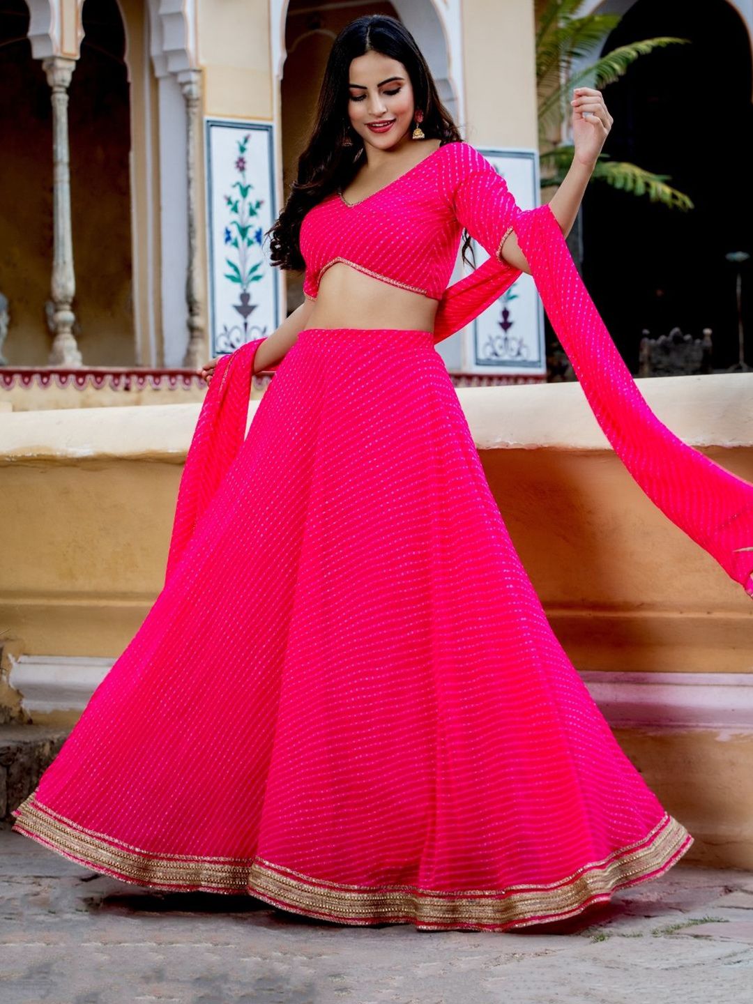 HOUSE OF JAMOTI Pink & Gold-Toned Printed Ready to Wear Lehenga & Blouse With Dupatta Price in India