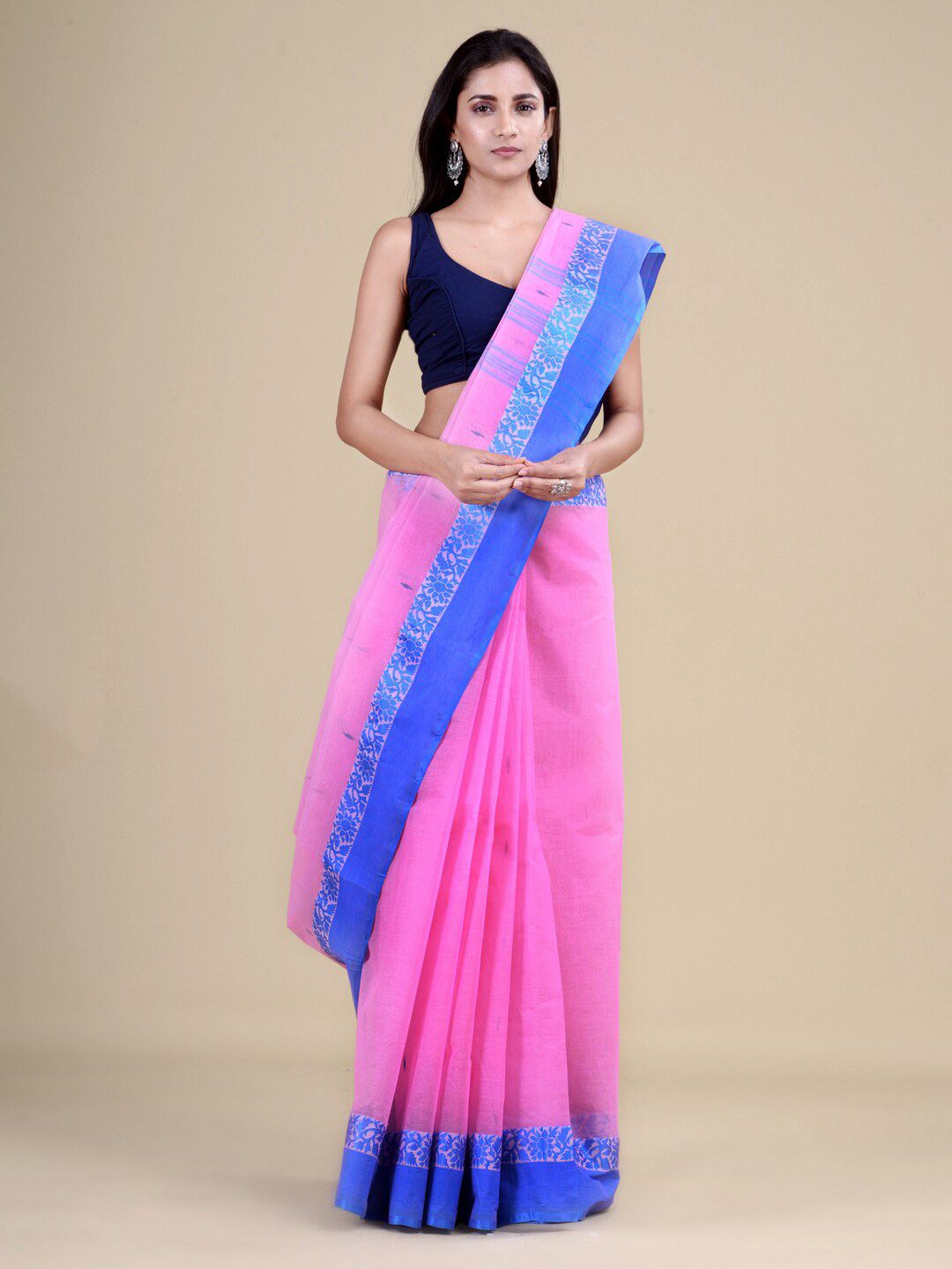 Laa Calcutta Pink & Blue Woven Design Pure Cotton Taant Saree Price in India