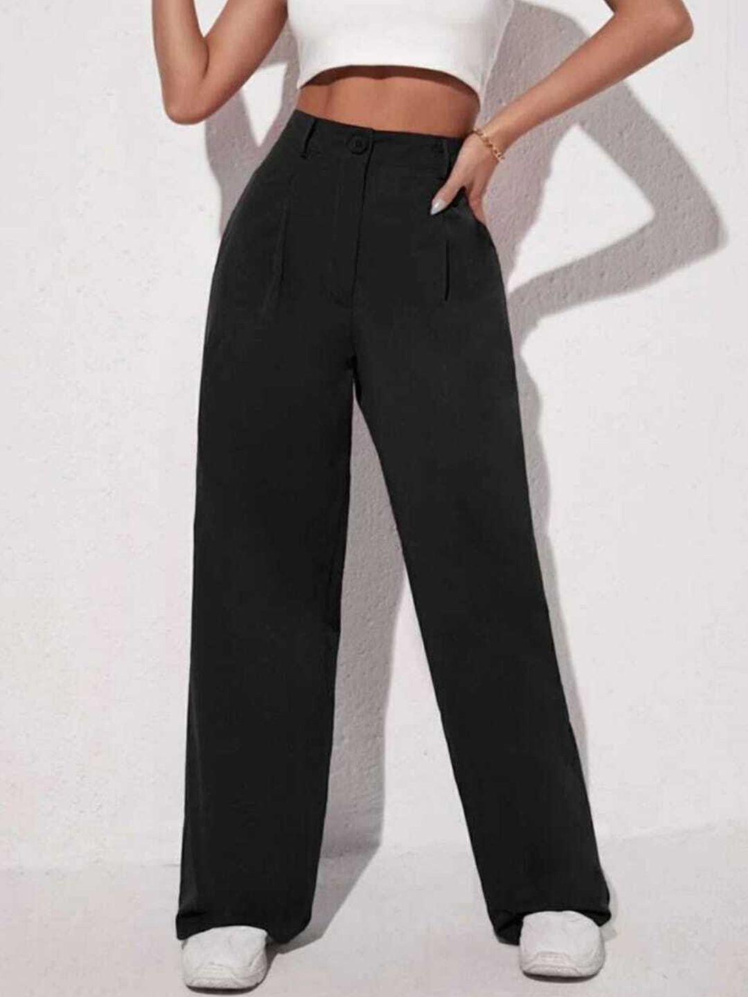 Next One Women Black Loose Fit High-Rise Easy Wash Pleated Trousers Price in India