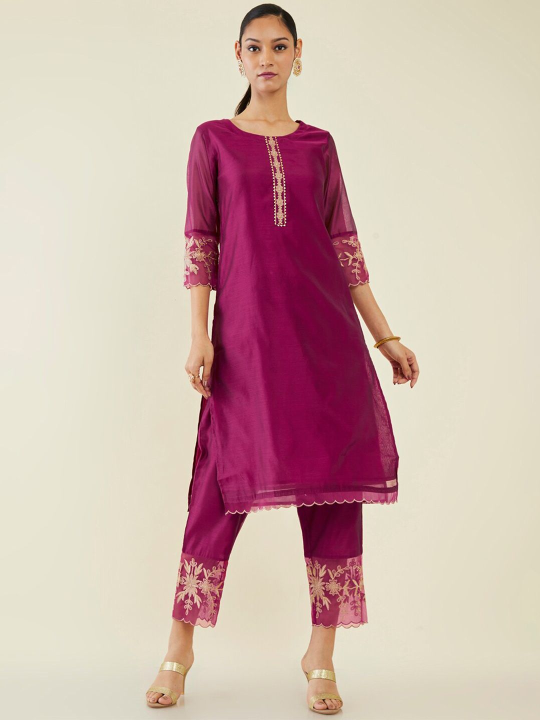Soch Magenta & Cream Coloured Floral Yoke Design Thread Work Kurta With Trousers Price in India