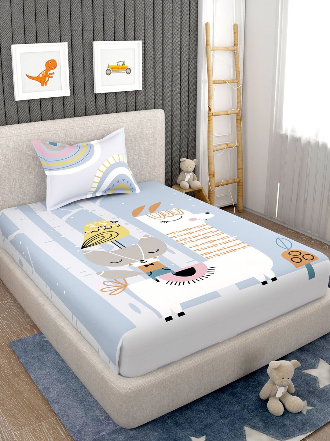 EverHOME EverHOME Simple Living Blue Conversational Pure Cotton 160 TC Single Bedsheet with a Pillow Cover-59 x 88 inches