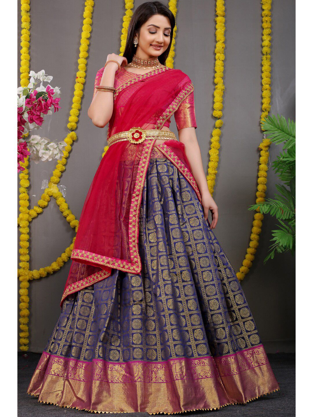 Angroop Navy Blue & Pink Semi-Stitched Lehenga & Unstitched Blouse With Dupatta Price in India