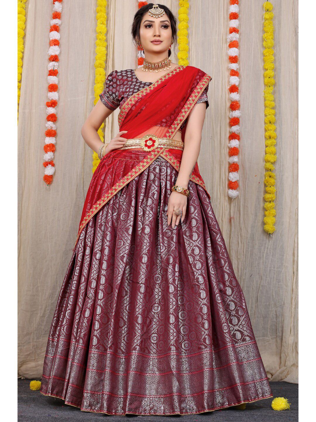 Angroop Magenta & Red Semi-Stitched Lehenga & Unstitched Blouse With Dupatta Price in India