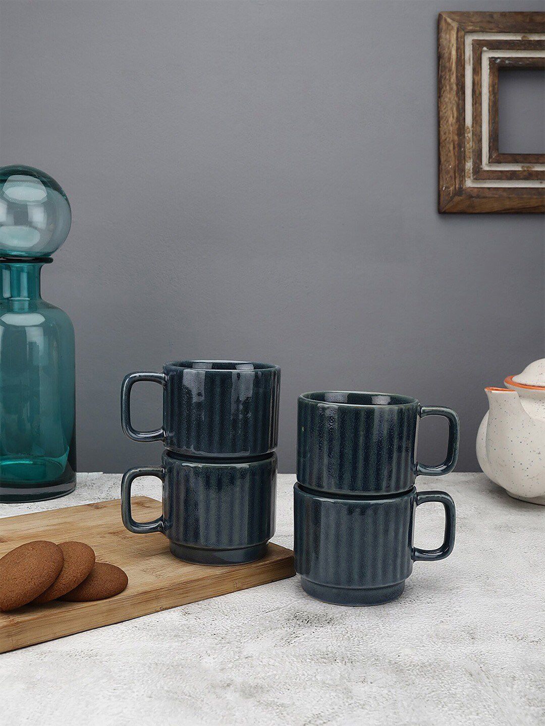 MIAH Decor Navy Blue Textured Ceramic Handcrafted 4 Piece Mugs-510ml