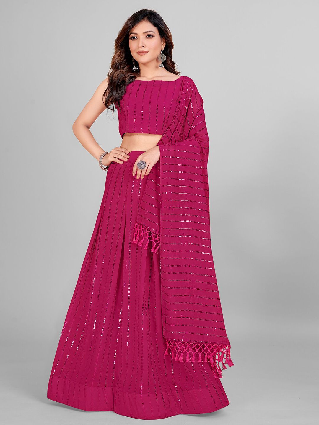Granthva Fab Pink Embellished Sequinned Semi-Stitched Lehenga & Unstitched Blouse With Dupatta Price in India