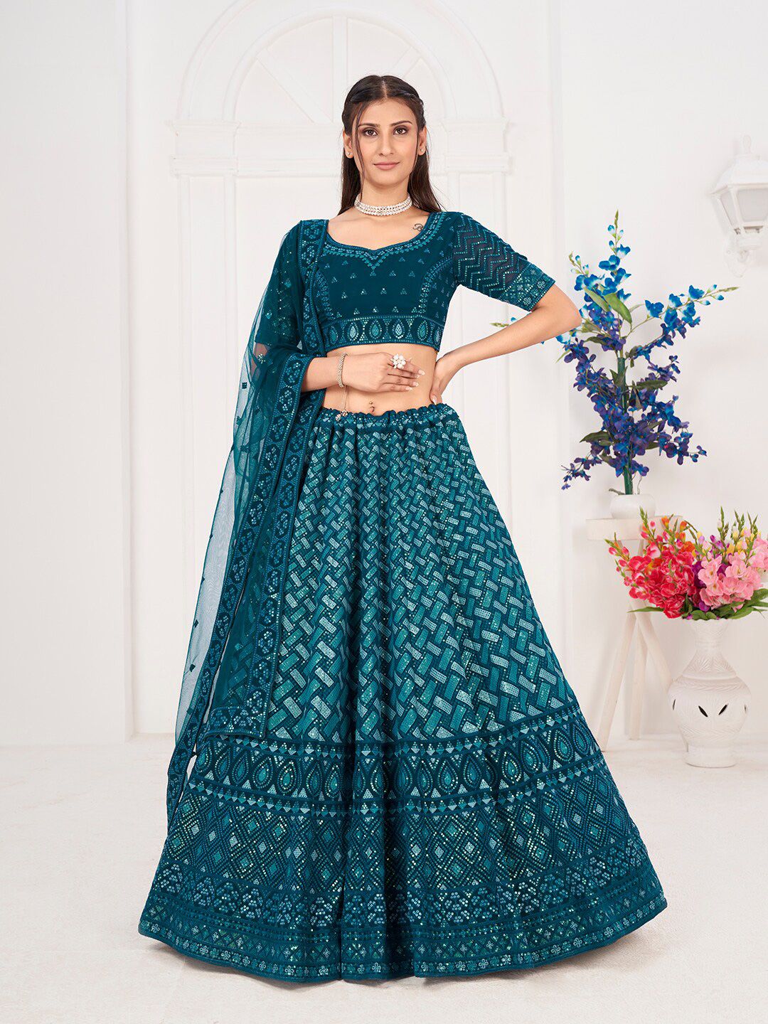 SHOPGARB Embellished Sequinned Semi-Stitched Lehenga & Unstitched Blouse With Dupatta Price in India