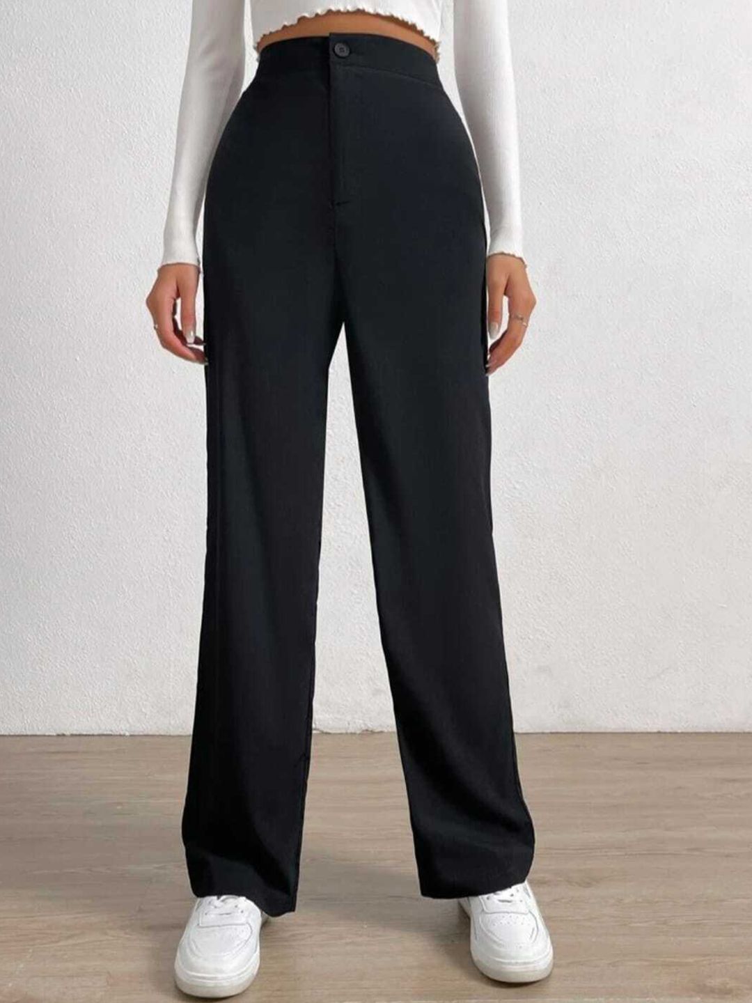 Next One Women Black Classic Loose Fit High-Rise Easy Wash Trousers Price in India