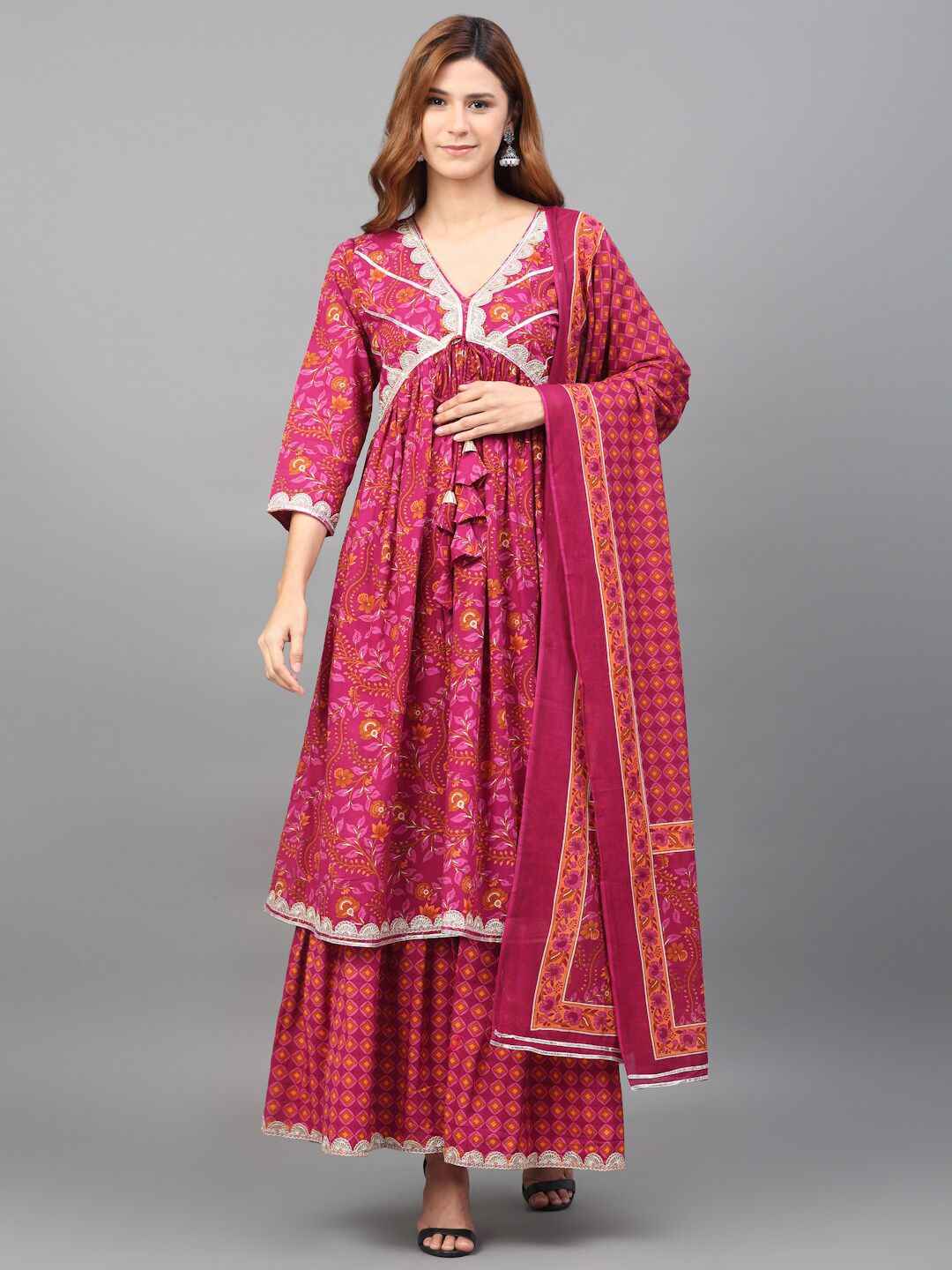 KALINI Floral Printed Empire Pure Cotton Kurta with Sharara & With Dupatta Price in India