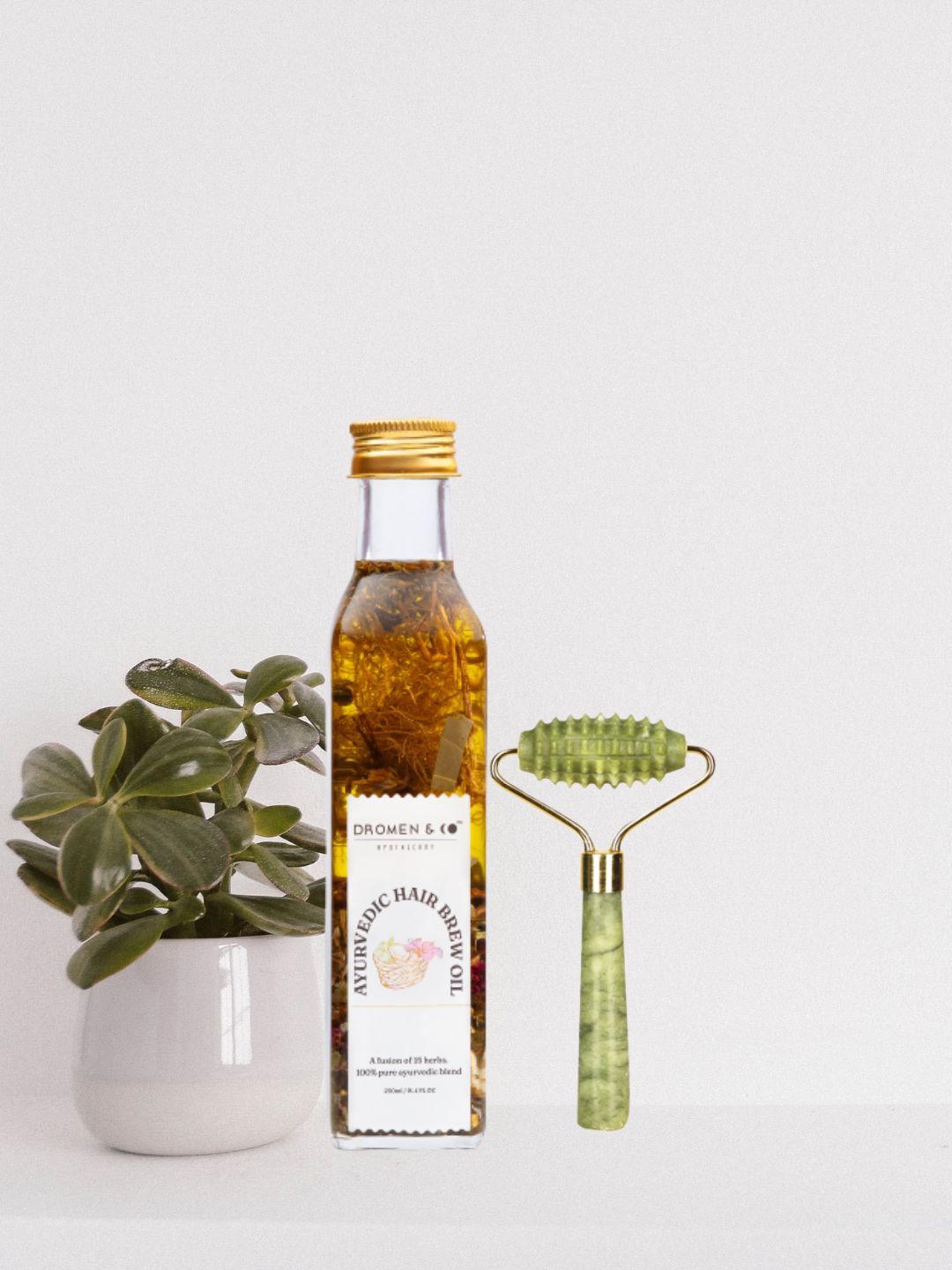 DROMEN & CO Ayurvedic Hair Brew Oil with Jade Spike Roller