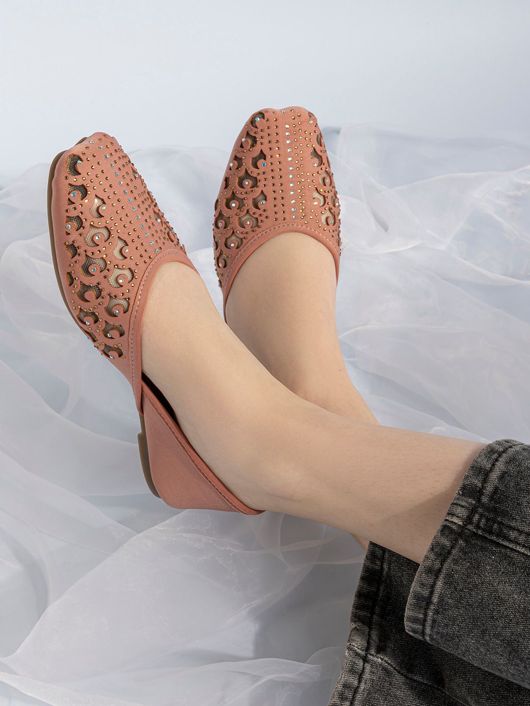 Shezone Embellished Mojaris with Laser Cuts Flats Price in India