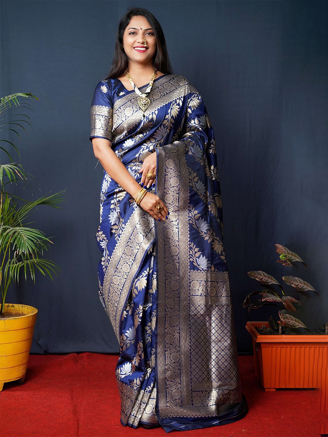 Anaita Navy Blue & Gold-Toned Woven Design Zari Pure Silk Banarasi Saree Price in India