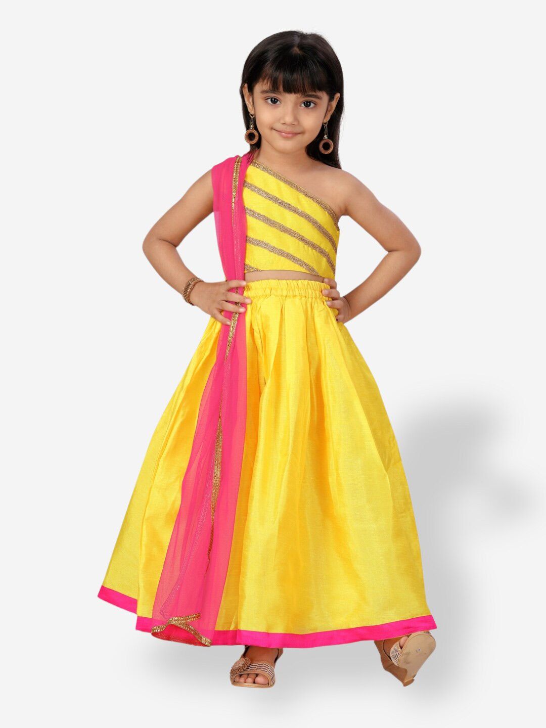 Aarika Girls Yellow & Pink Ready to Wear Lehenga & Blouse With Dupatta Price in India