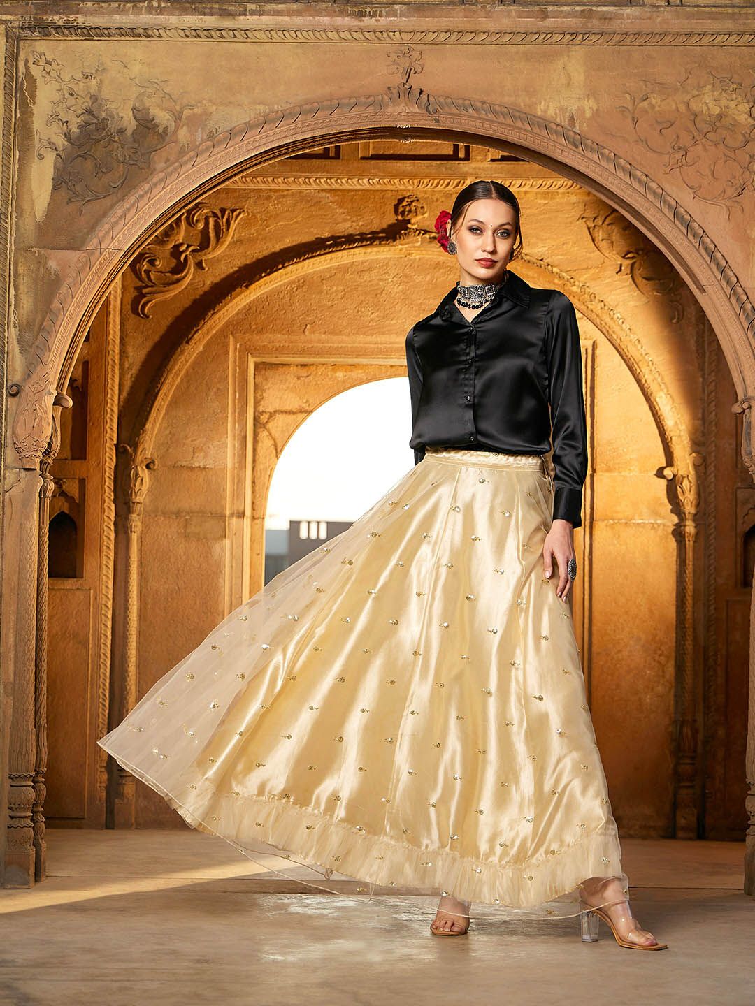 Shae by SASSAFRAS Black & Yellow Sequinned Ready to Wear Lehenga & Price in India