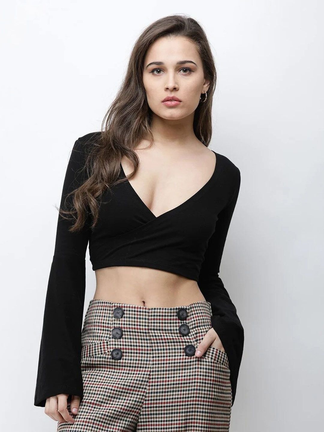 COLOR CAPITAL V-Neck Long Sleeves Wrap Crop Top Price in India