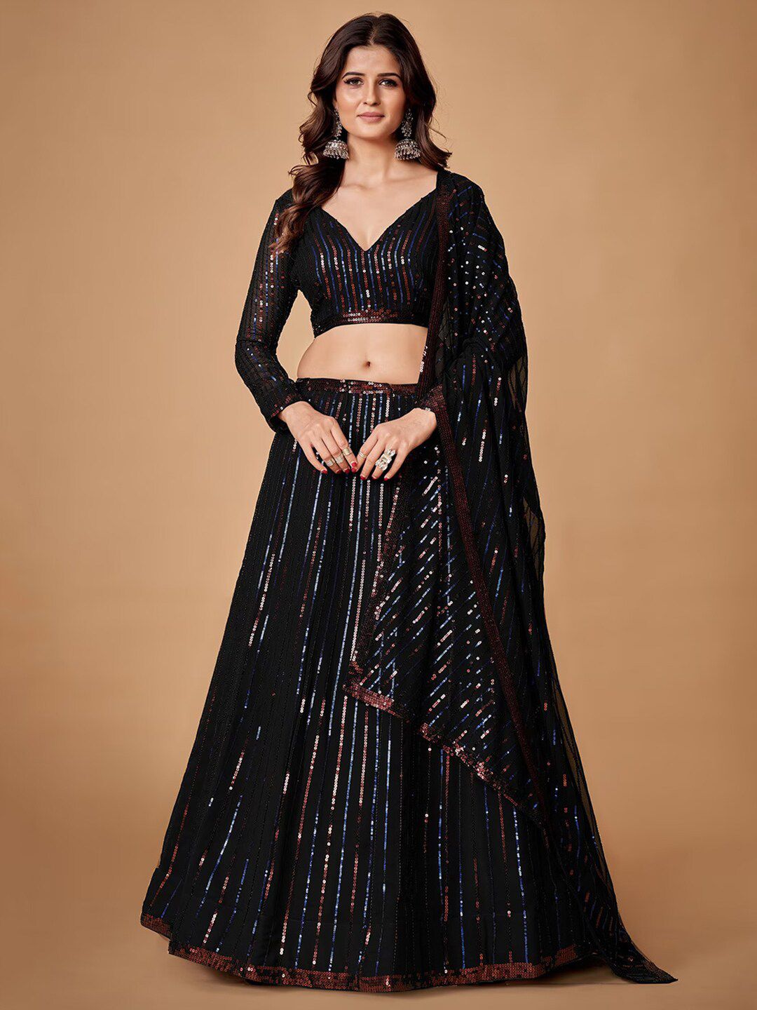 FABPIXEL Black & Pink Embellished Sequinned Semi-Stitched Lehenga & Unstitched Blouse With Dupatta Price in India