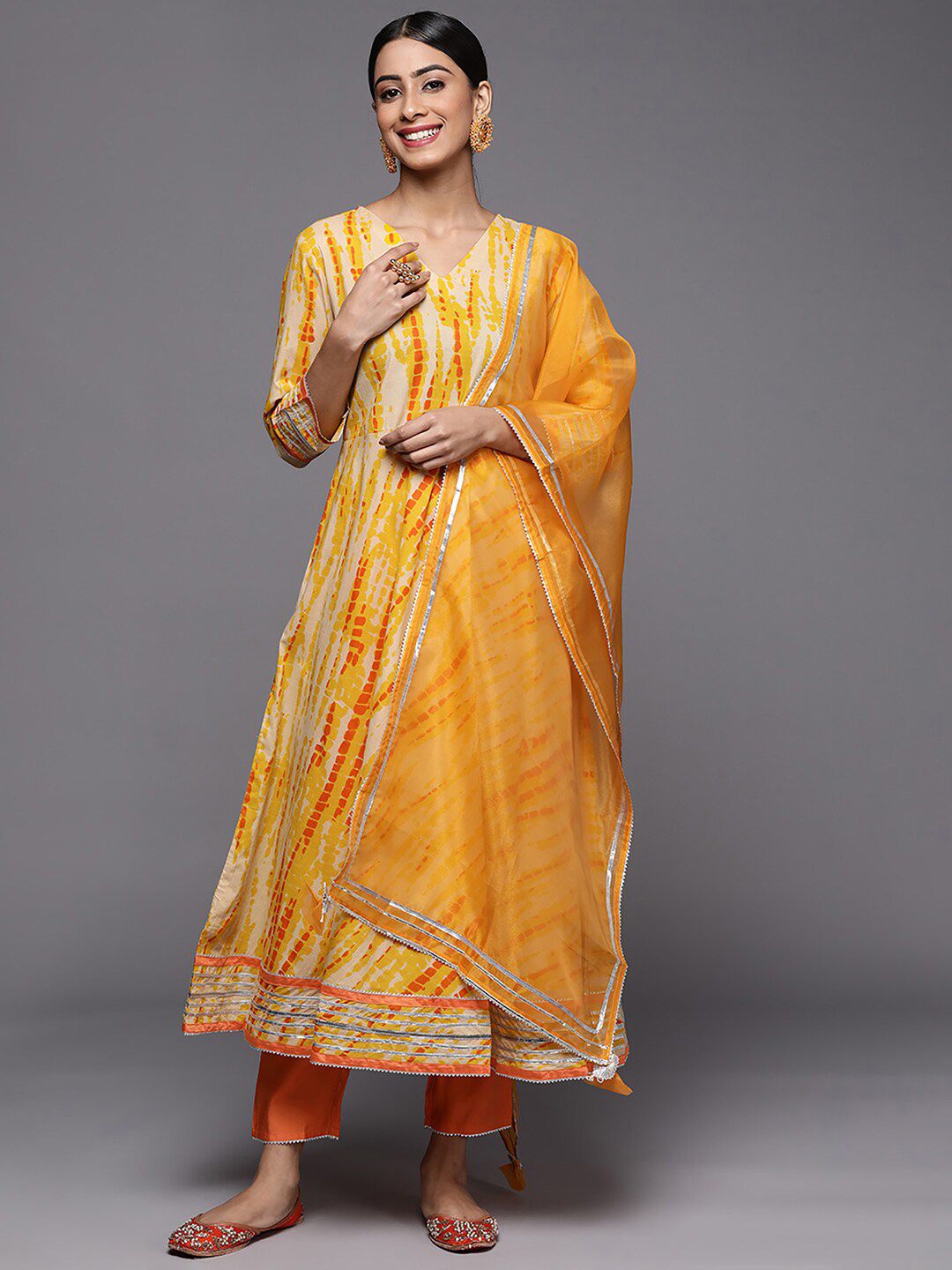 Indo Era Women Yellow Bandhani Dyed Kurta with Trousers & With Dupatta Price in India