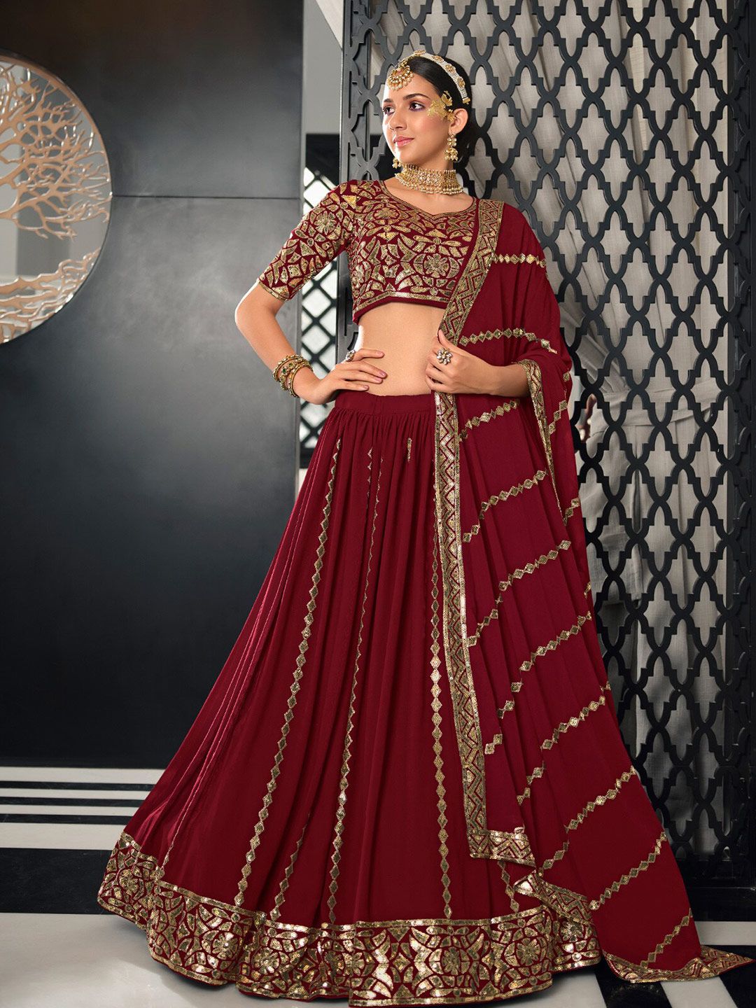ODETTE Sequinned Semi-Stitched Lehenga & Unstitched Blouse With Dupatta Price in India