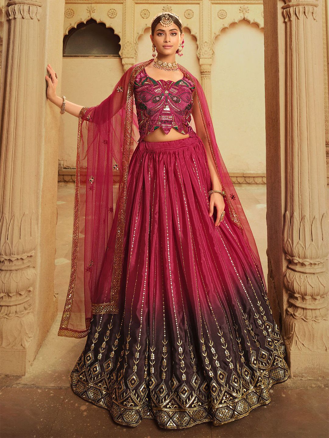 ODETTE Embroidered Thread Work Semi-Stitched Lehenga & Unstitched Blouse With Dupatta Price in India