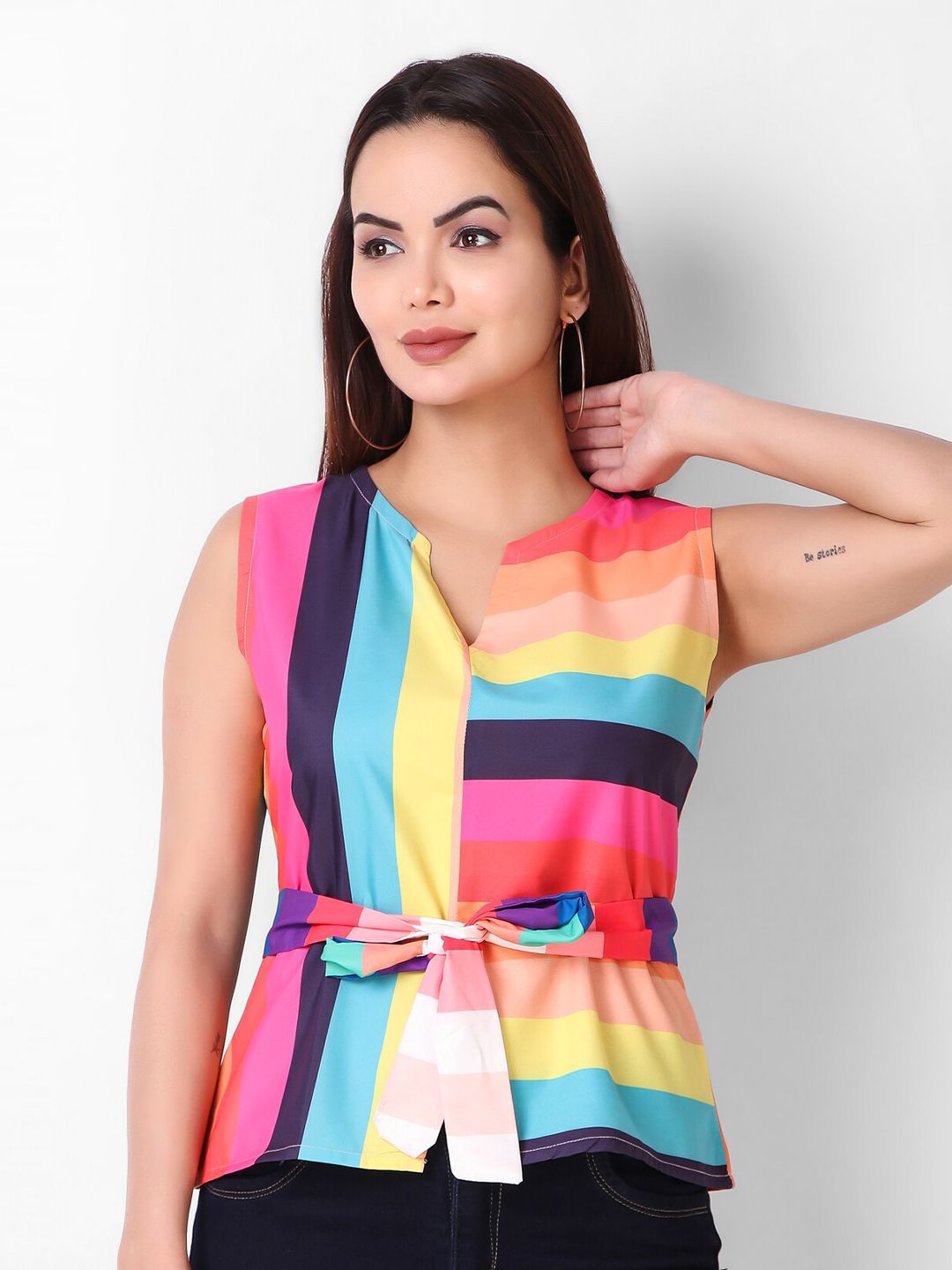 Womenster Multicoloured Striped Crepe Cinched Waist Top Price in India