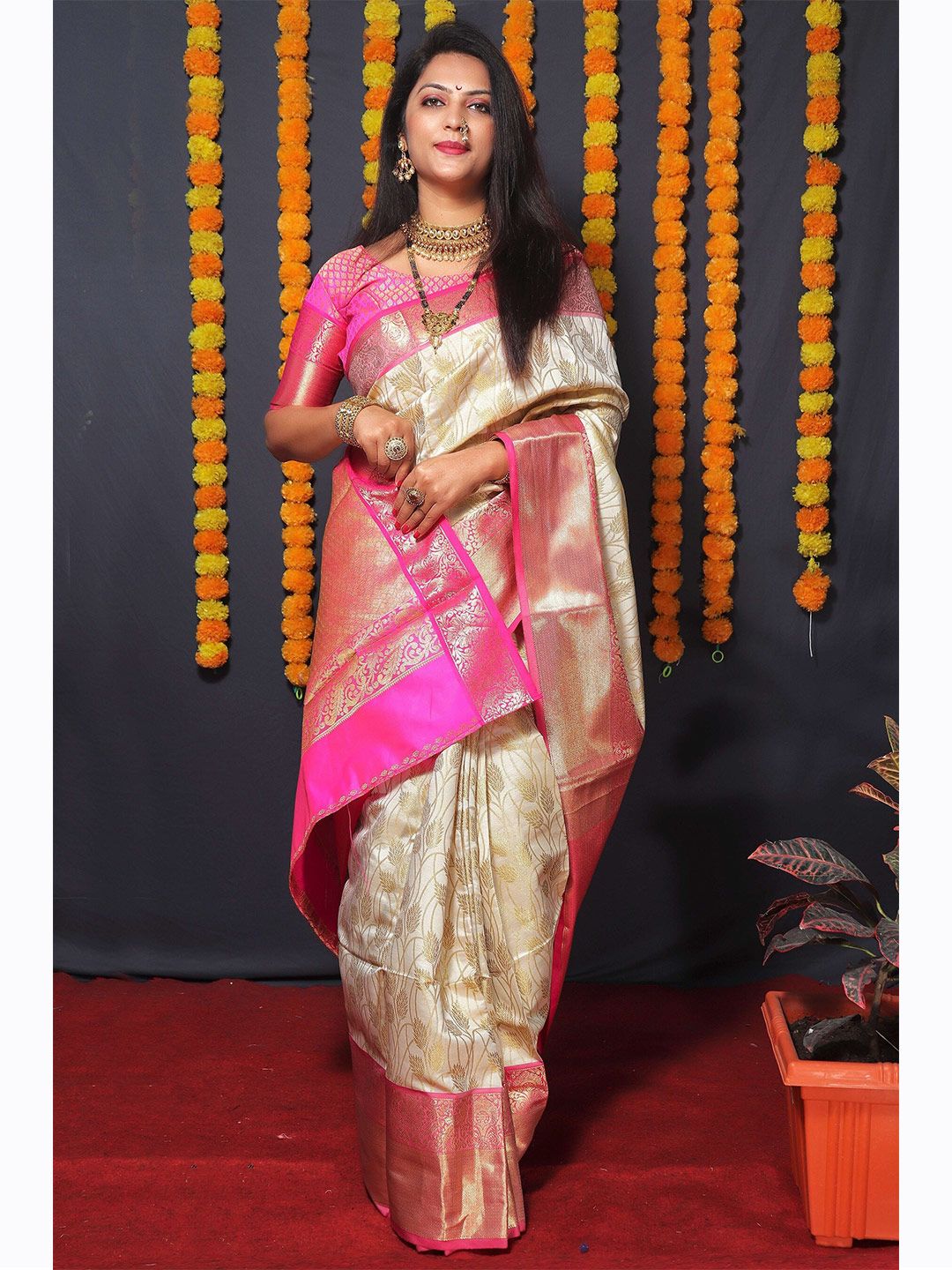 Anaita Cream-Coloured & Pink Woven Design Zari Pure Silk Banarasi Saree Price in India