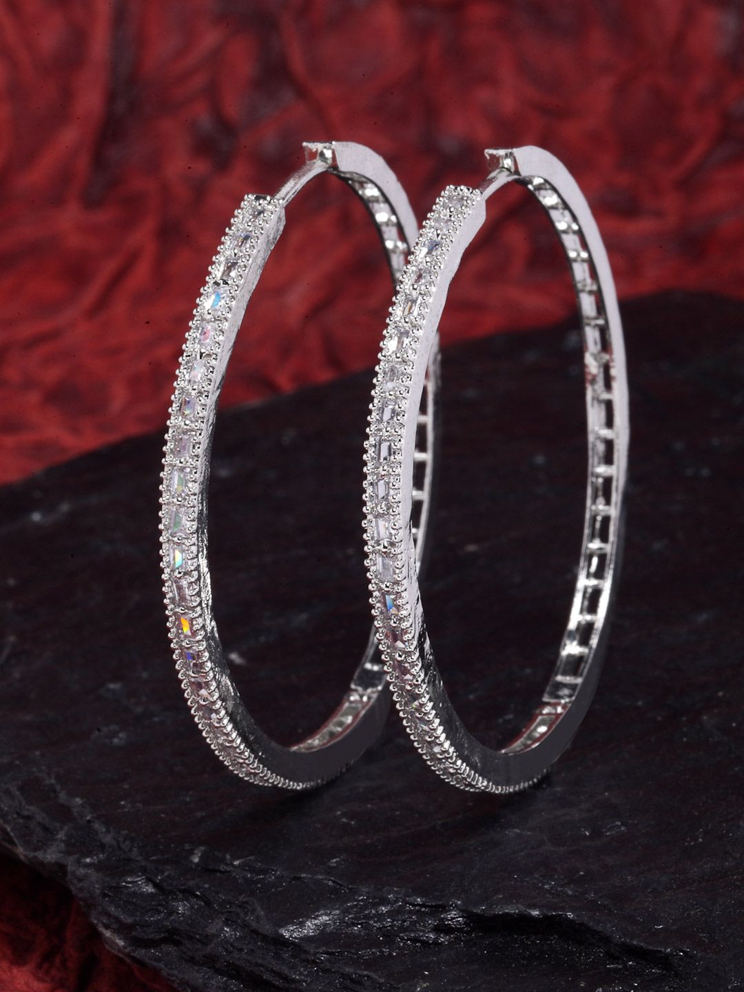 ZENEME Rhodium Plated American Diamond Circular Hoop Earrings