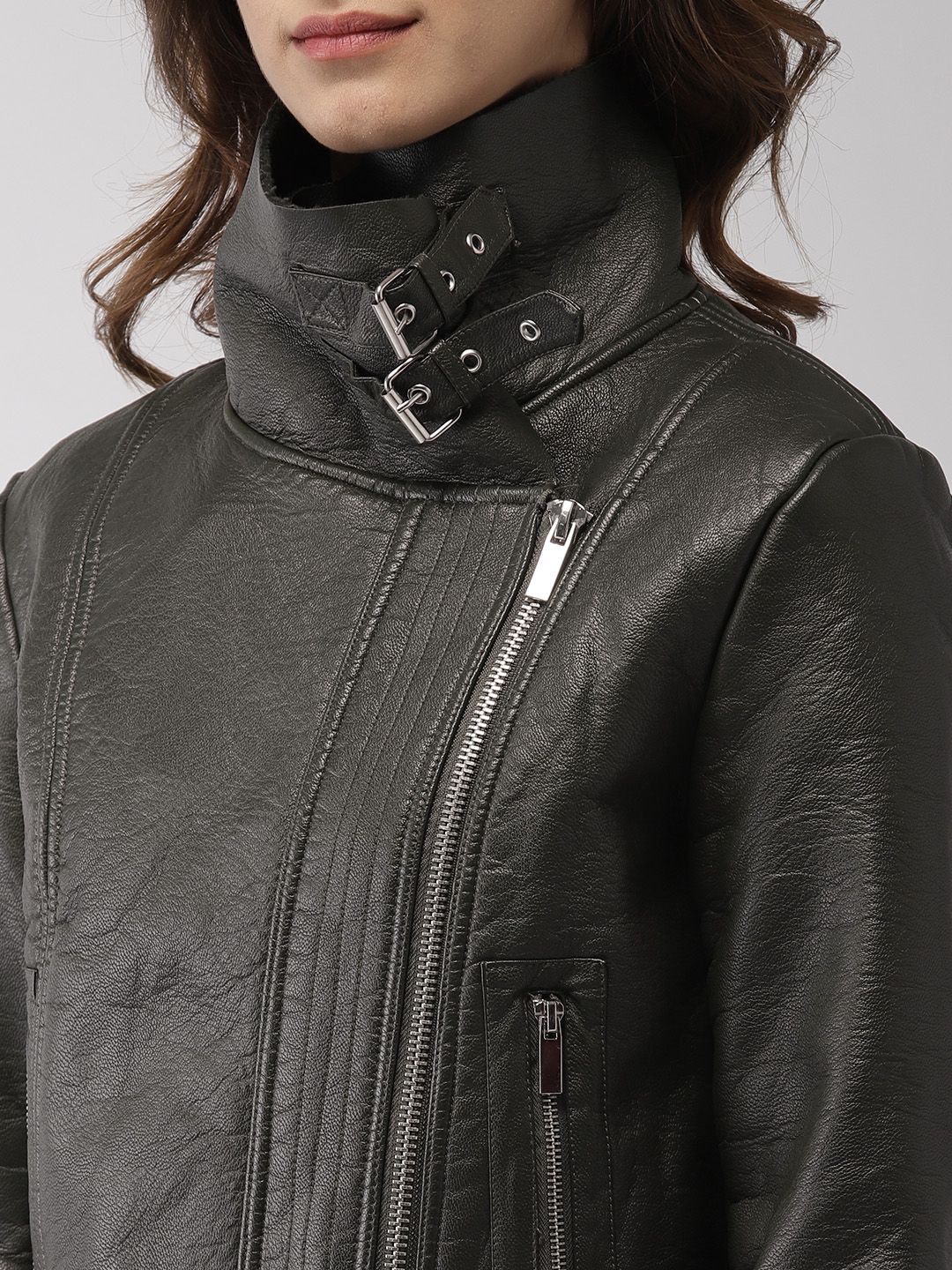 Buy FOREVER 21 Women Black Solid Asymmetric Closure Biker Jacket