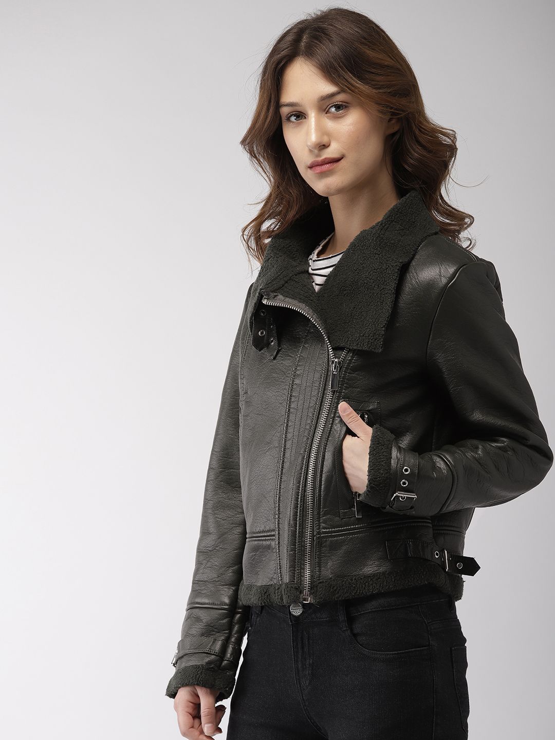 R♡　レディース　BLK XS Buy FOREVER 21 Women Black Solid Asymmetric Closure Biker Jacket