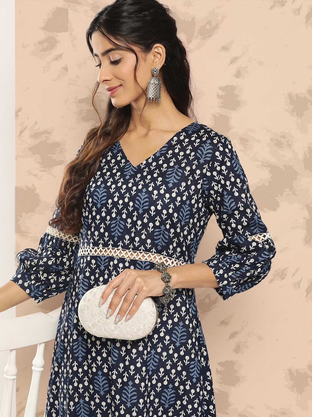 Yufta Pure Cotton Floral Print Puff Sleeve A-Line Midi Dress Price in India