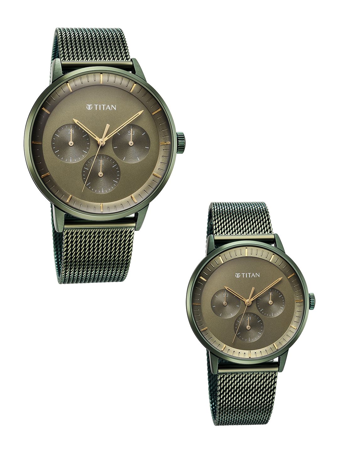 Textured Round Watch Gift Set Titan Bandhan Multifunction Analog With Green Dial Couple Watch - Nt9400694206qm02