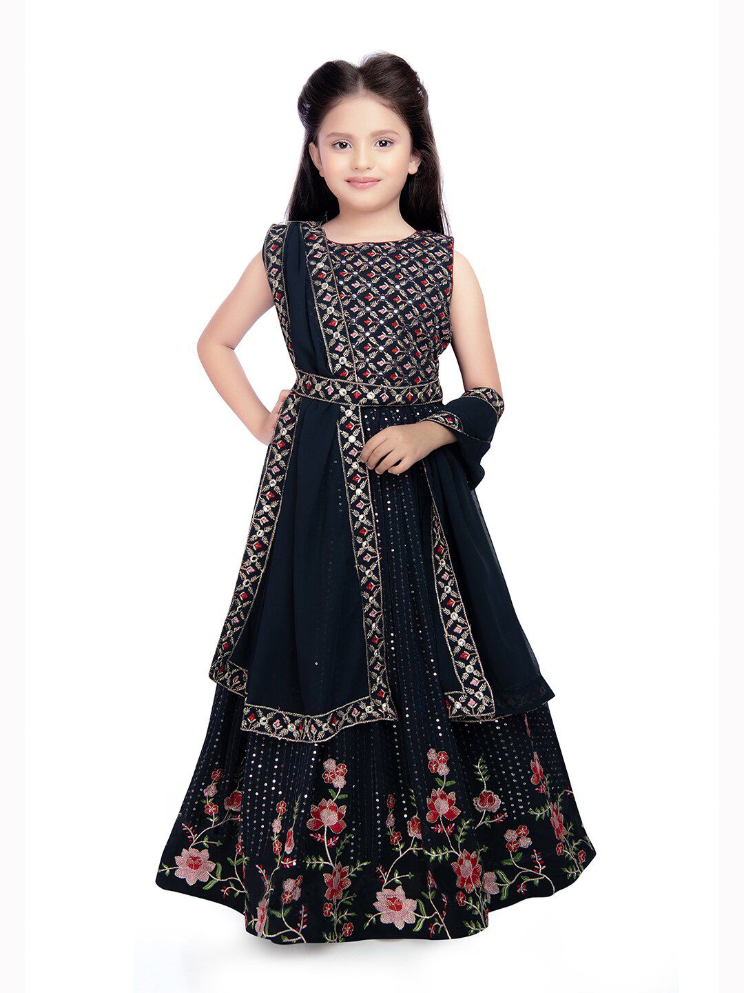 Tiny Kingdom Girls Embroidered Thread Work Ready to Wear Lehenga & Blouse With Dupatta Price in India