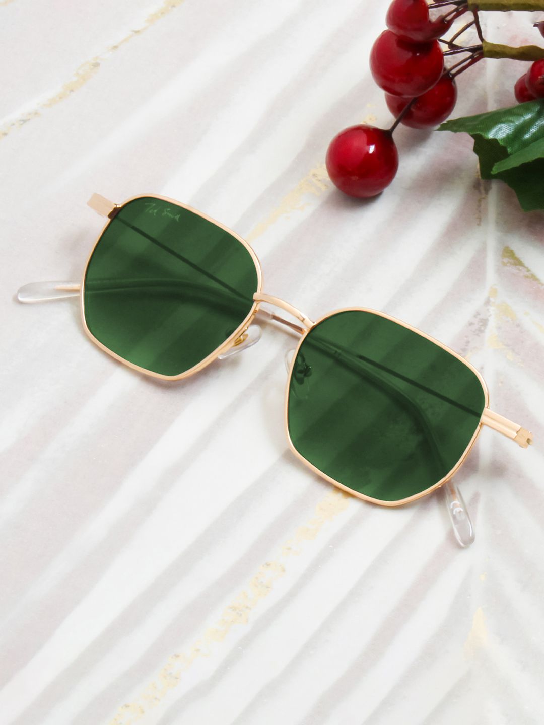 Ted Smith Unisex Green Lens & Gold-Toned Round Sunglasses with UV Protected Lens