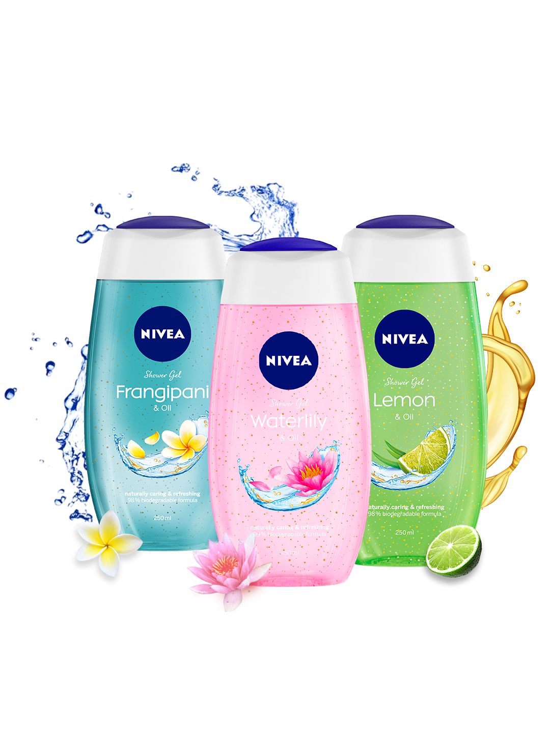 Nivea Set Of 3 Shower Gel - Water Lily & Oil + Lemon & Oil + Frangipani & Oil - 250ml Each