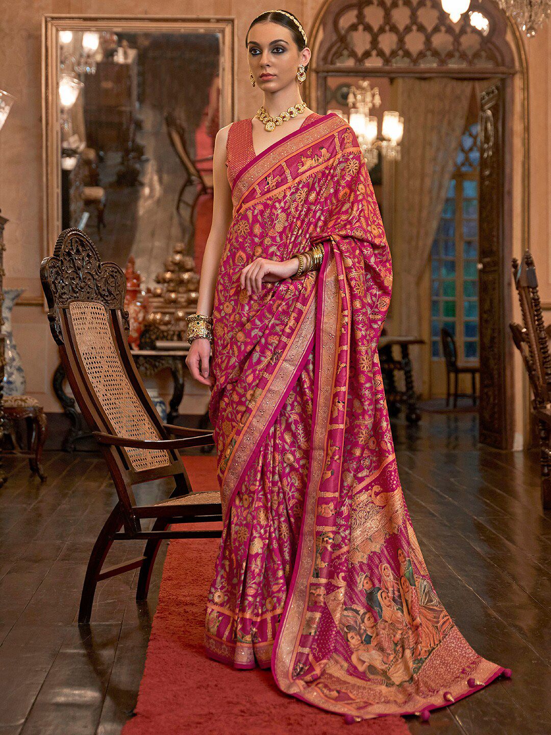 Anouk Pink & Green Ethnic Motifs Beads and Stones Silk Blend Banarasi Saree Price in India