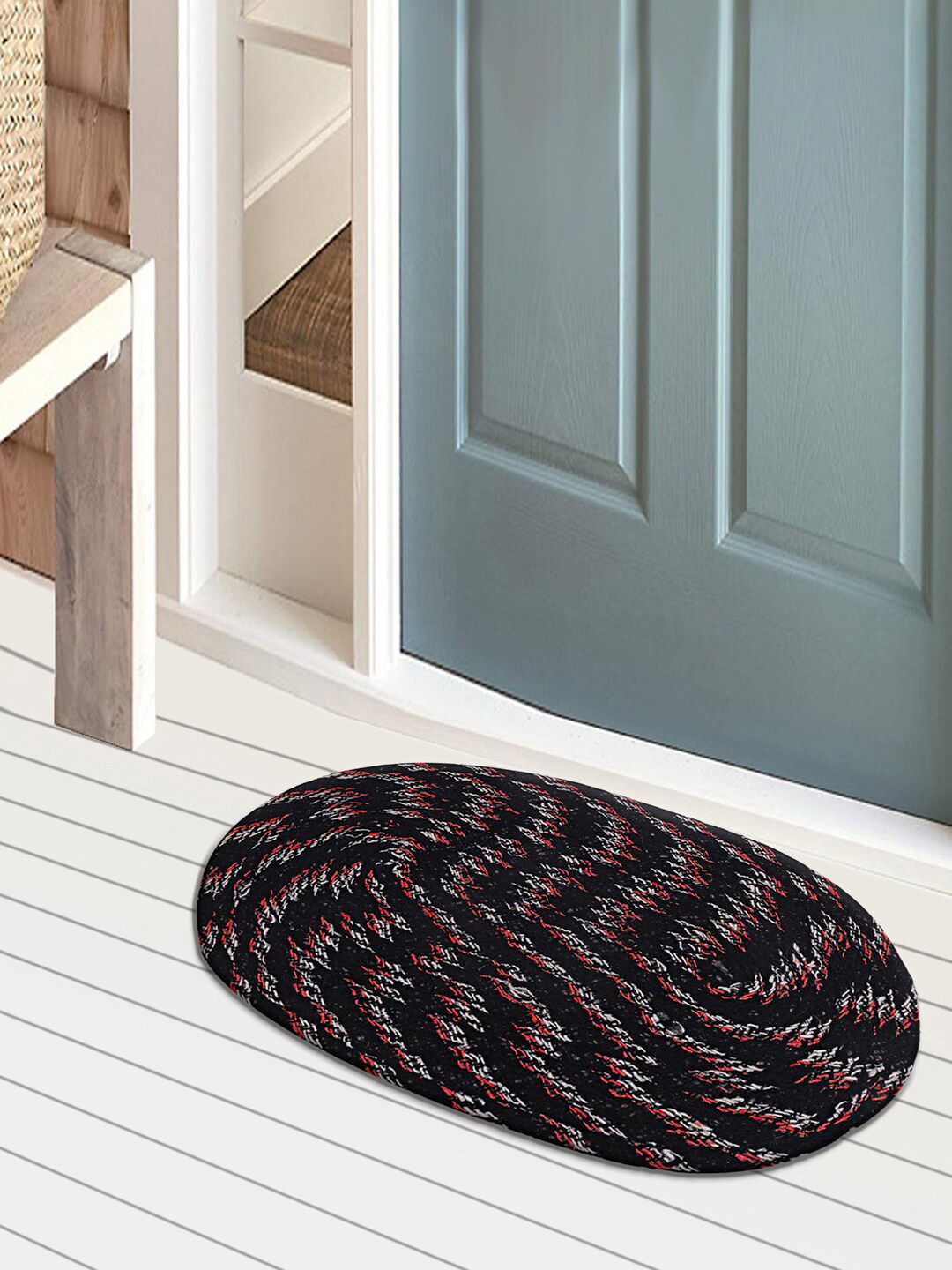 Kuber Industries 3Pcs Black Self Design Oval Anti-Skid Cotton Doormats