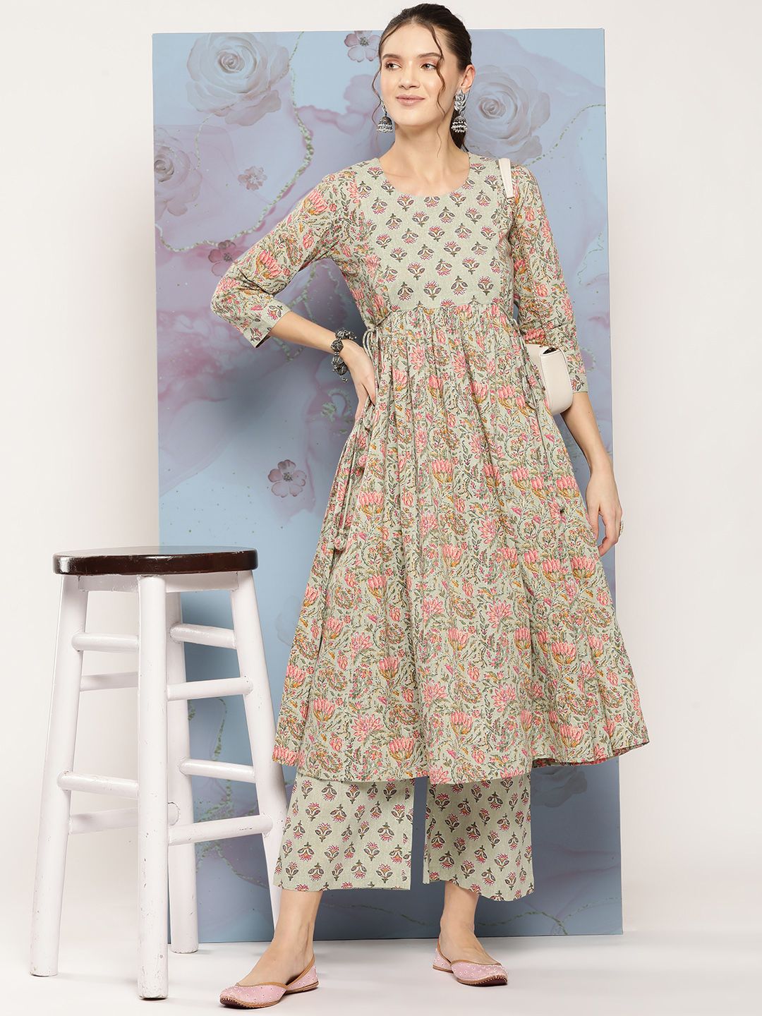 Saanjh Ethnic Motifs Printed Pleated Pure Cotton Kurta With Palazzos Price in India