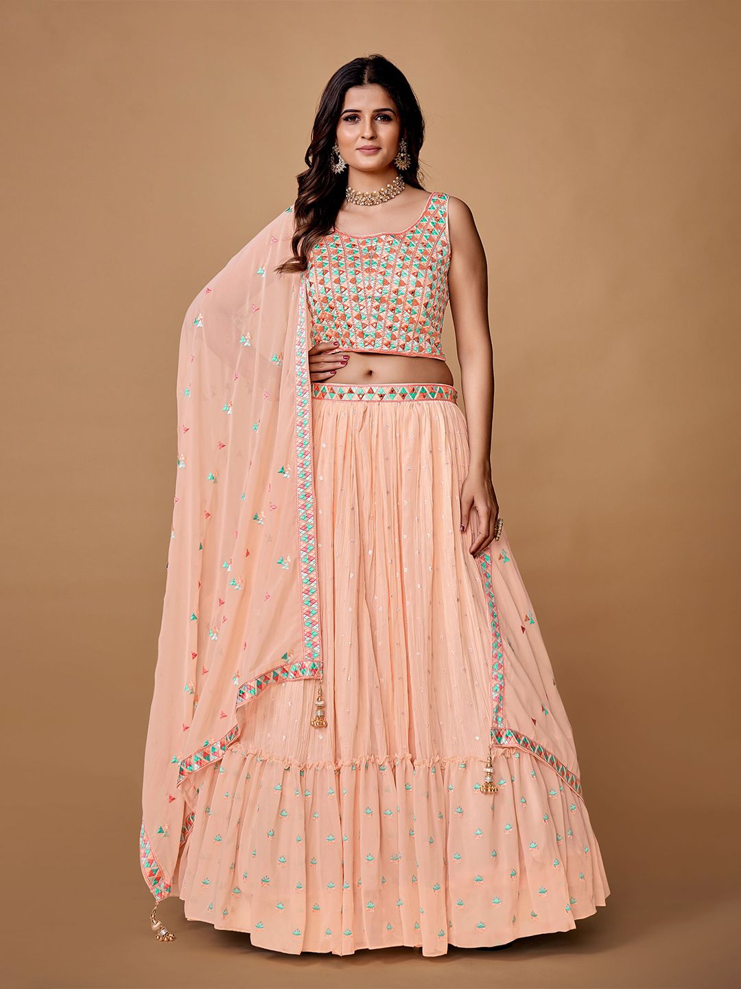 Fusionic Peach-Coloured & Green Embroidered Thread Work Ready to Wear Lehenga & Blouse With Dupatta Price in India