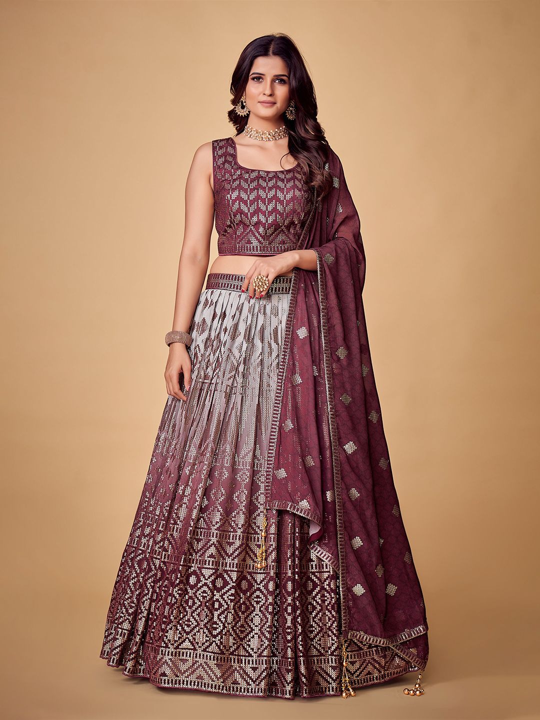 Fusionic Purple & Grey Embellished Sequinned Ready to Wear Lehenga & Blouse With Dupatta Price in India