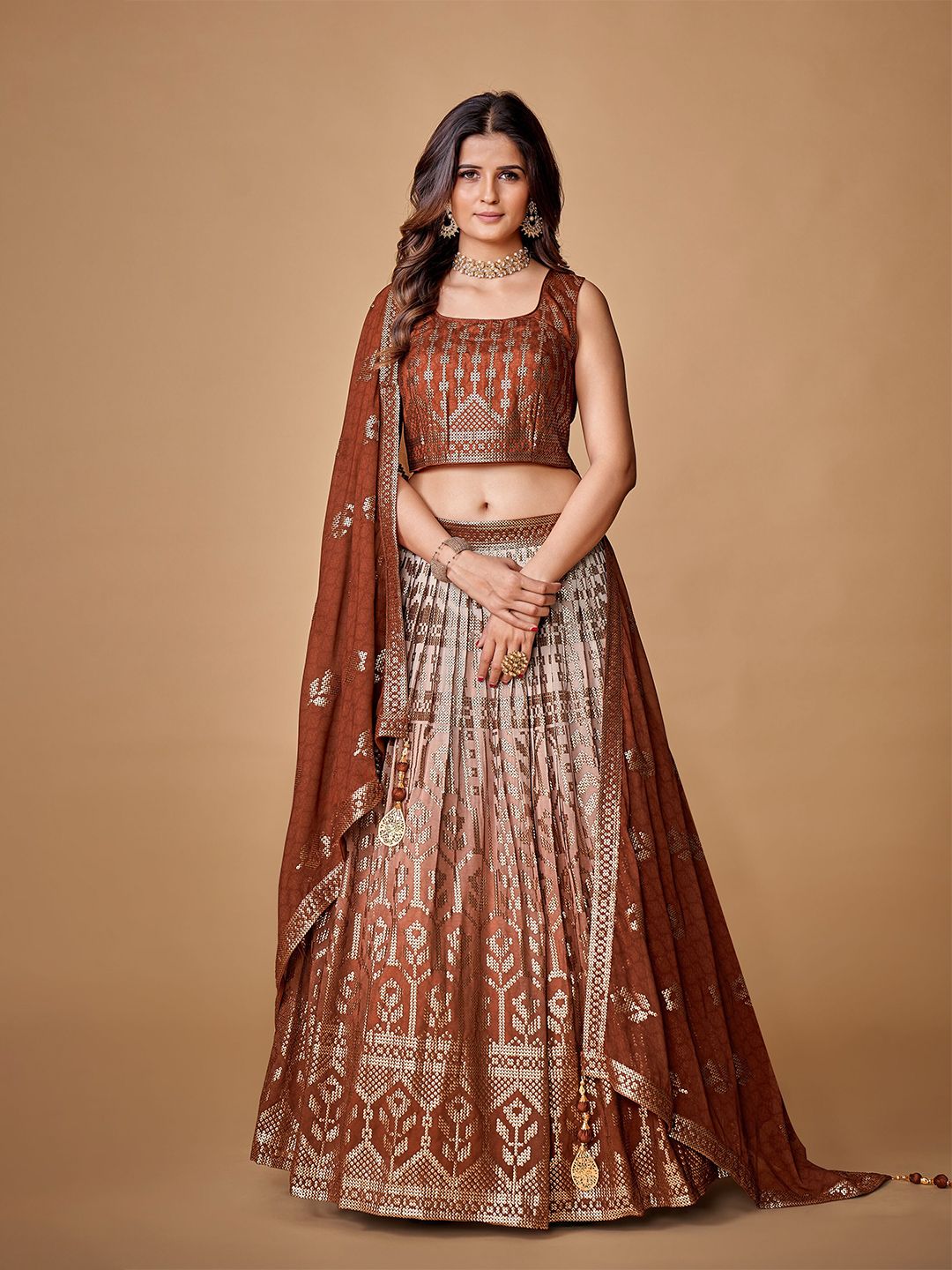 Fusionic Brown & Grey Embellished Sequinned Ready to Wear Lehenga & Blouse With Dupatta Price in India