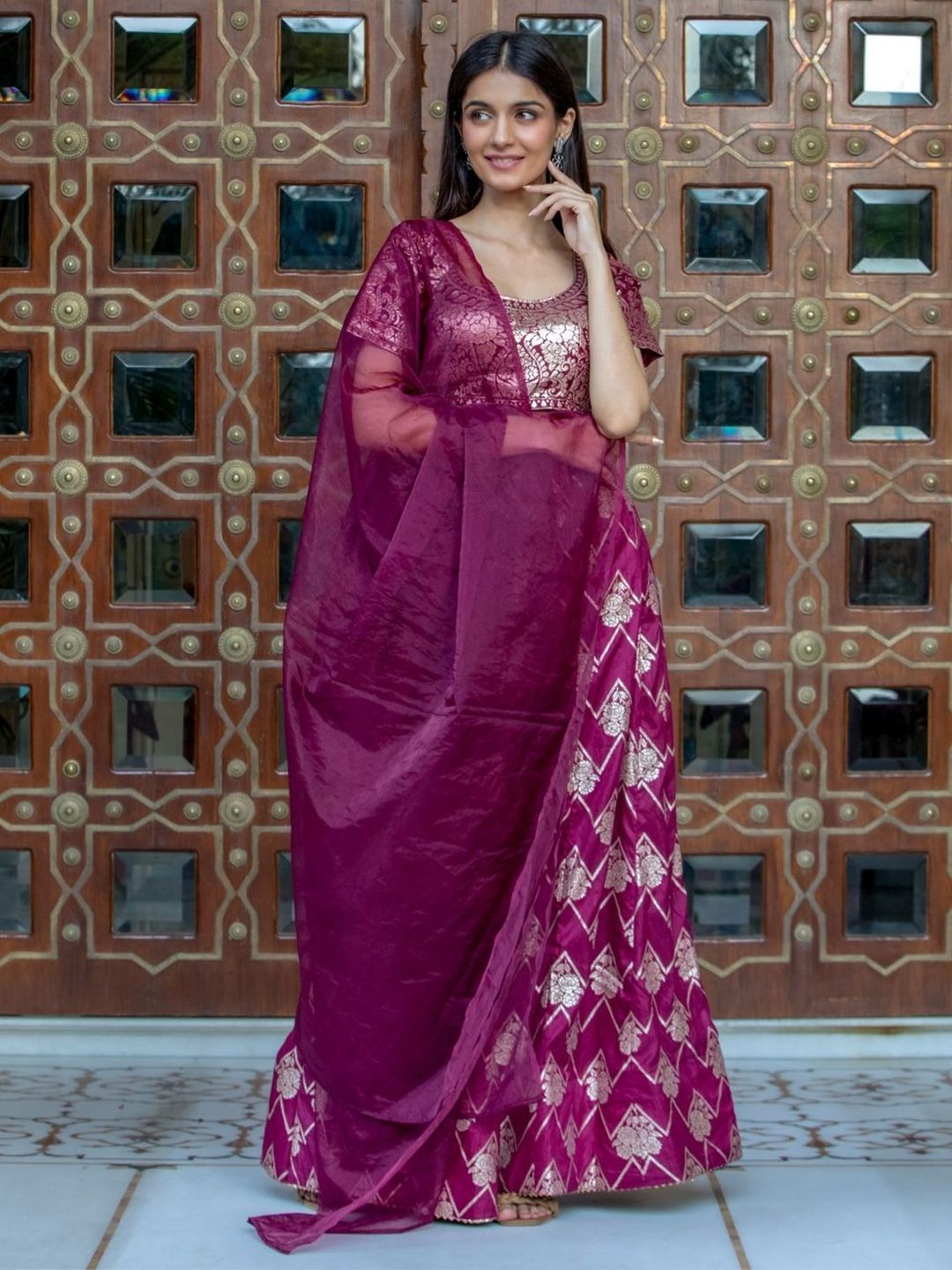 HOUSE OF JAMOTI Floral Woven Design Ready To Wear Lehenga & Blouse With Dupatta Price in India