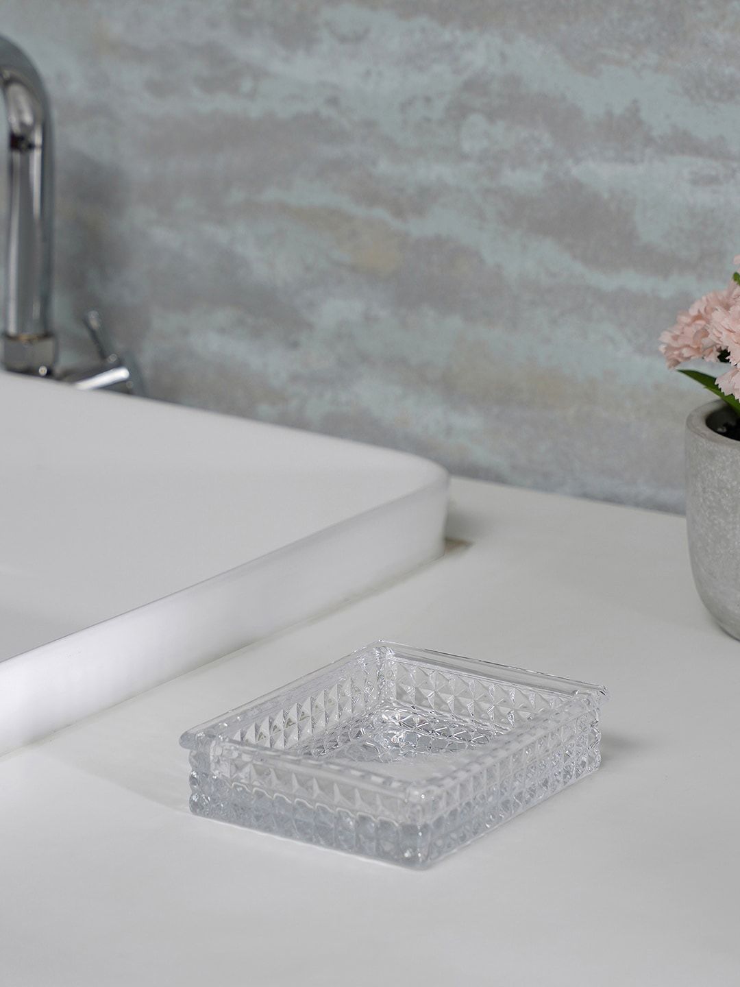 Pure Home and Living Transparent Clear Diamond Textured Glass Soap Dish