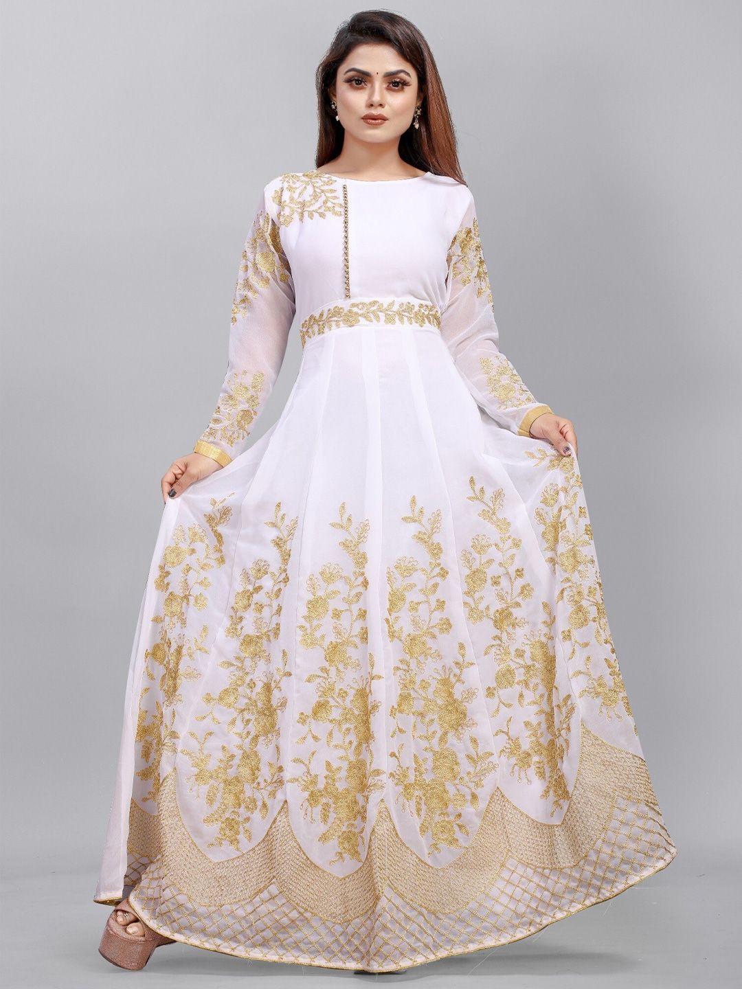 APNISHA White Floral Georgette Ethnic Maxi Dress Price in India