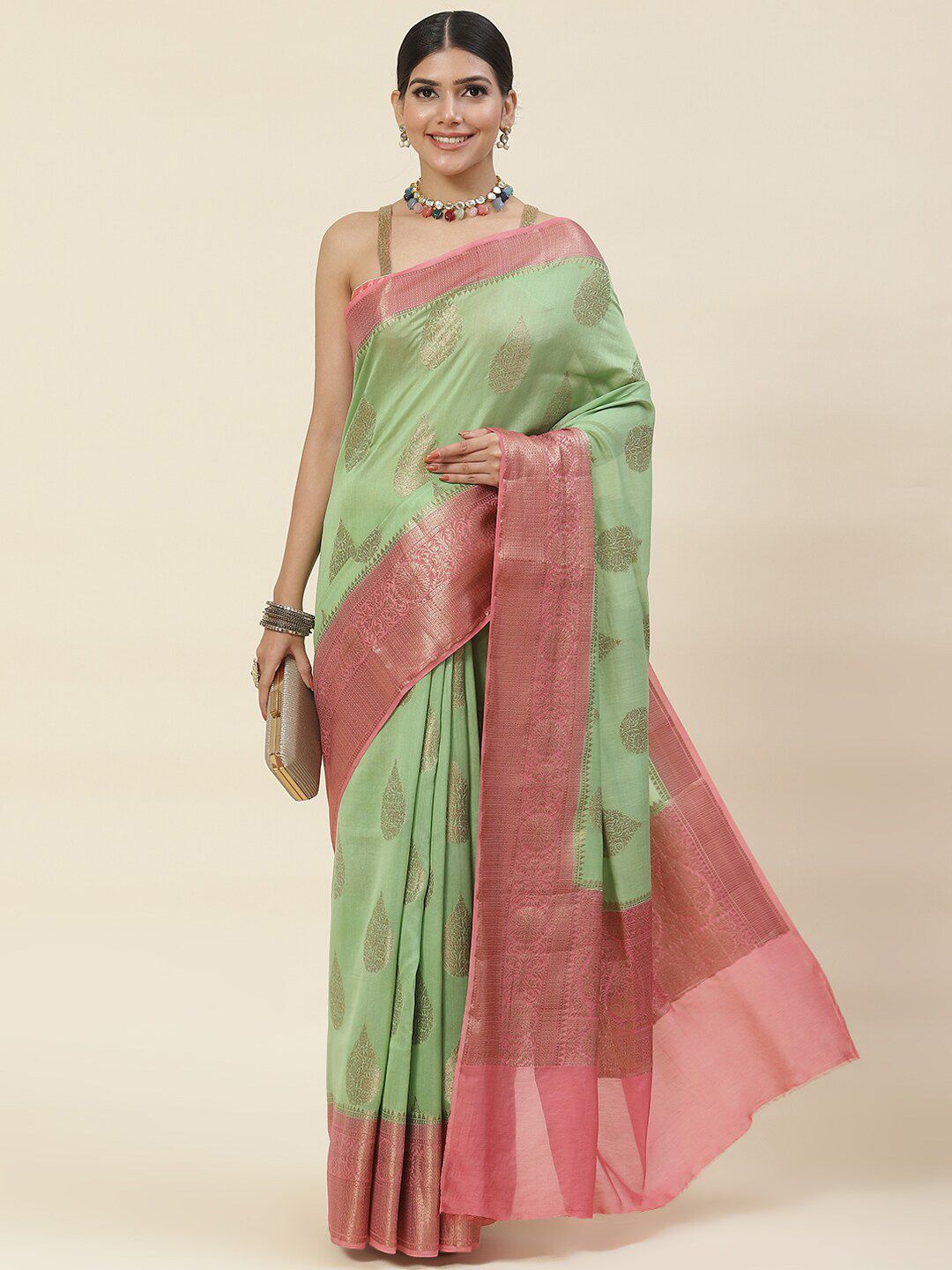 Meena Bazaar Ethnic Motifs Woven Design Zari Pure Cotton Saree Price in India
