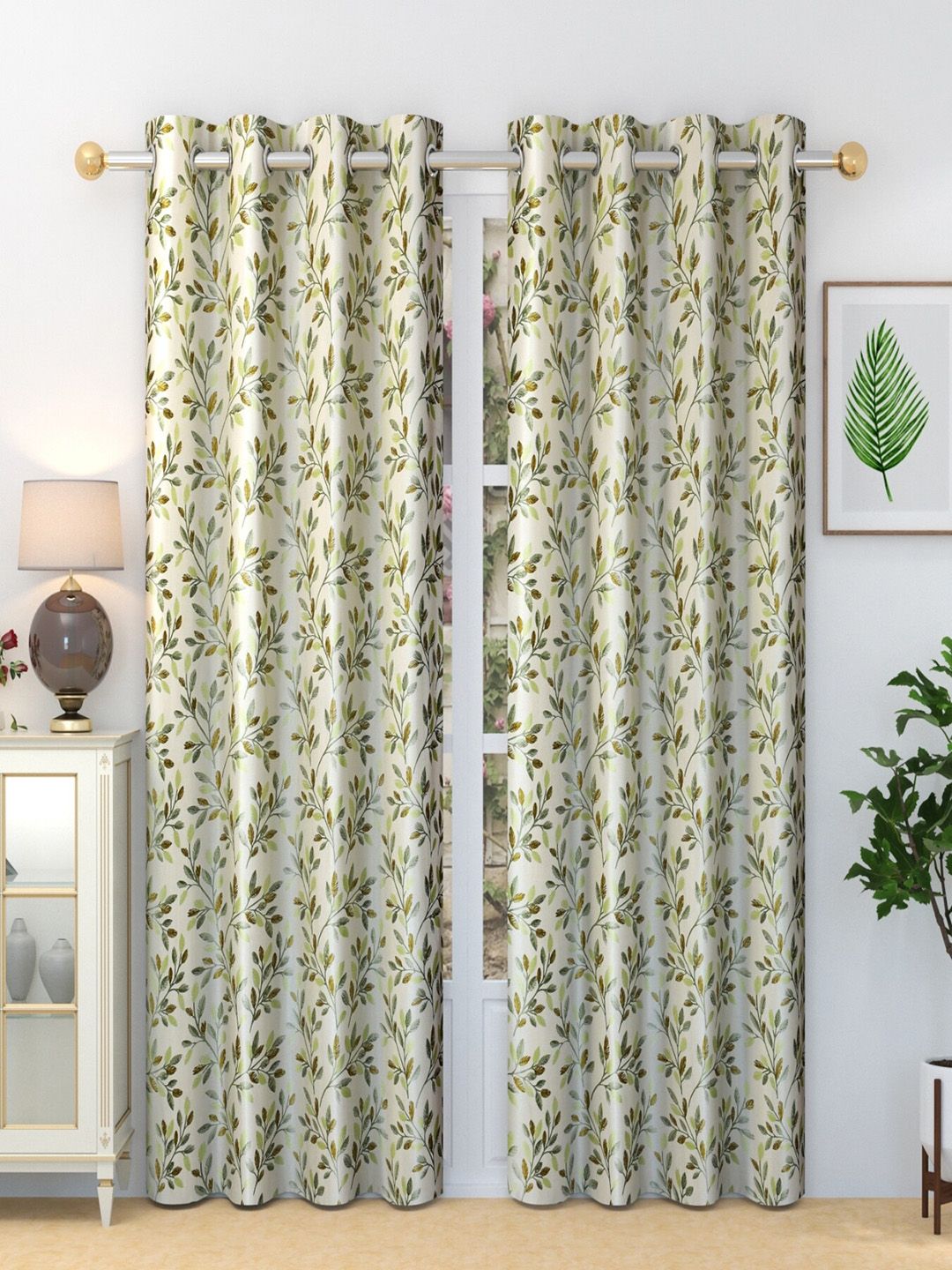 Homefab India Fern Cream & Brown 2 Pieces Floral Long Door Curtains
