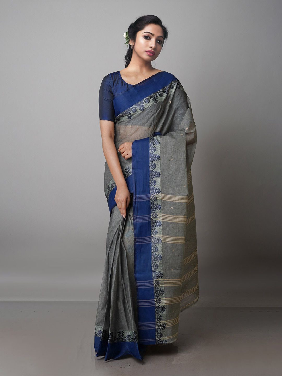 Unnati Silks Grey & Blue Woven Design Pure Cotton Taant Saree Price in India