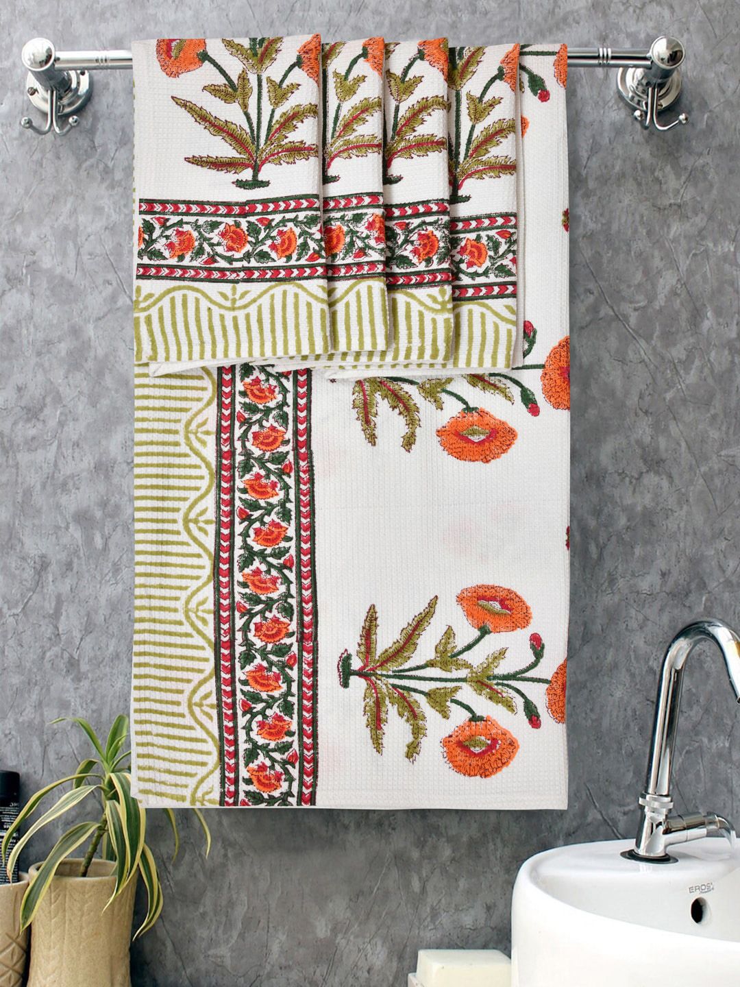 BLOCKS OF INDIA 5 Pcs White & Orange Printed 210 GSM Cotton Towels