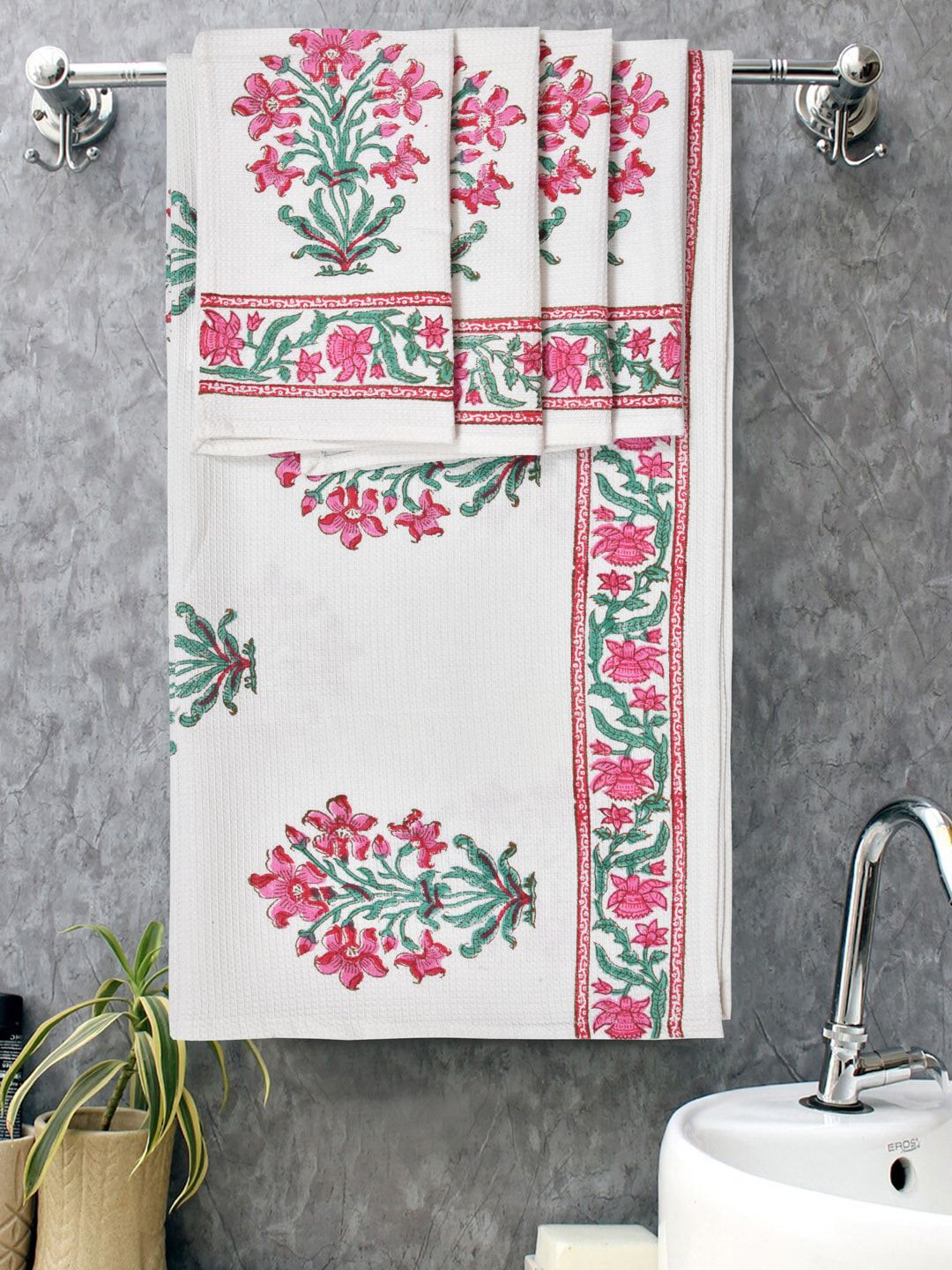 BLOCKS OF INDIA 5 Pcs White & Pink Floral Printed 210 GSM Pure Cotton Towel Set