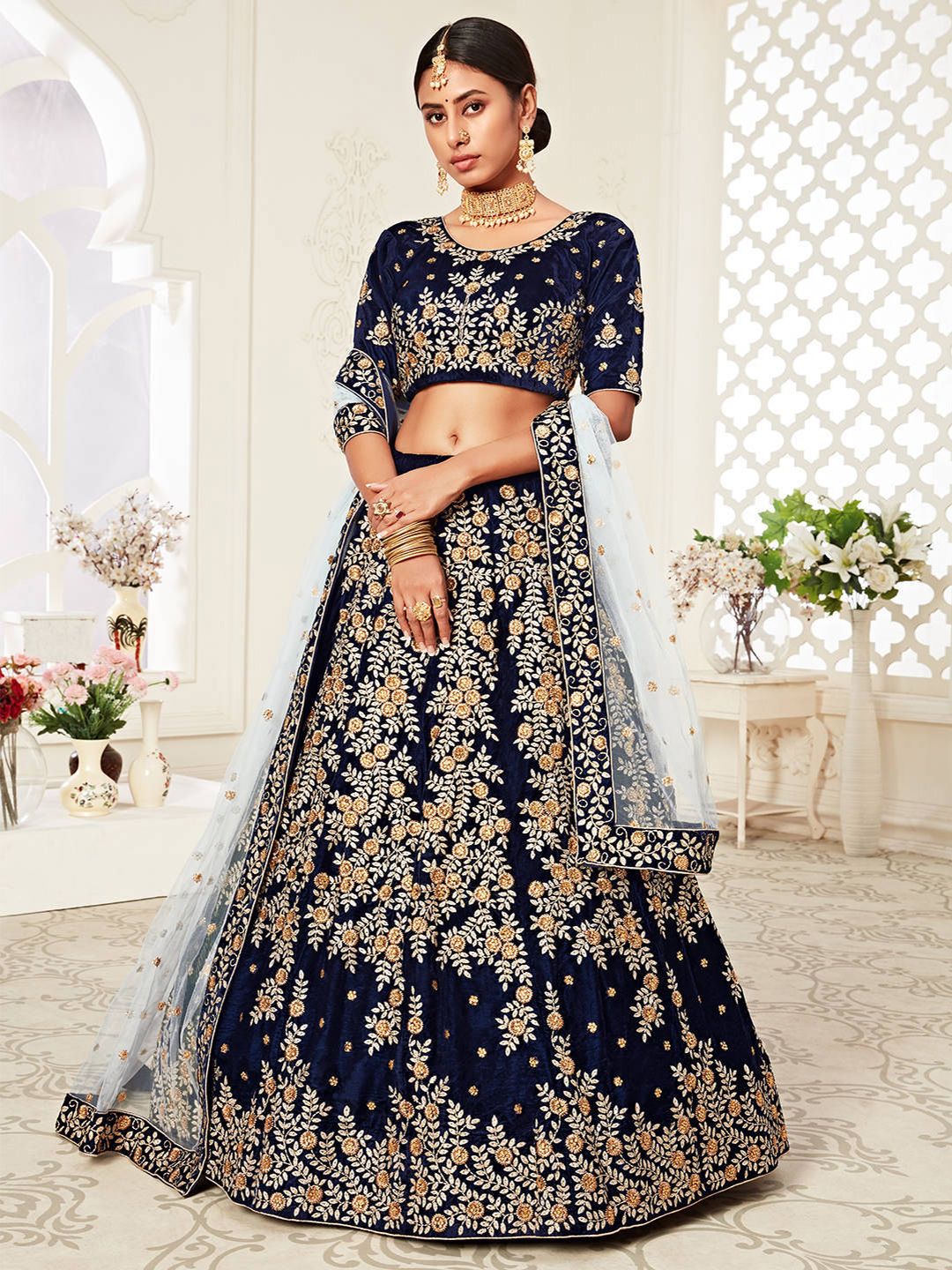 FABPIXEL Navy Blue & Gold-Toned Embroidered Beads and Stones Kalamkari Semi-Stitched Lehenga & Unstitched Price in India