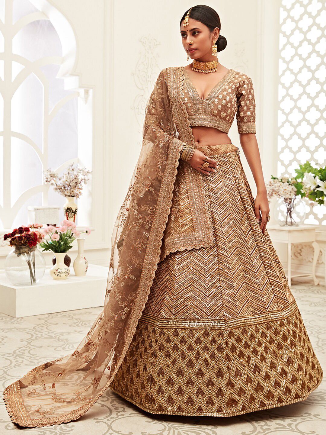 FABPIXEL Embroidered Sequinned Kalamkari Semi-Stitched Silk Lehenga Choli With Dupatta Price in India