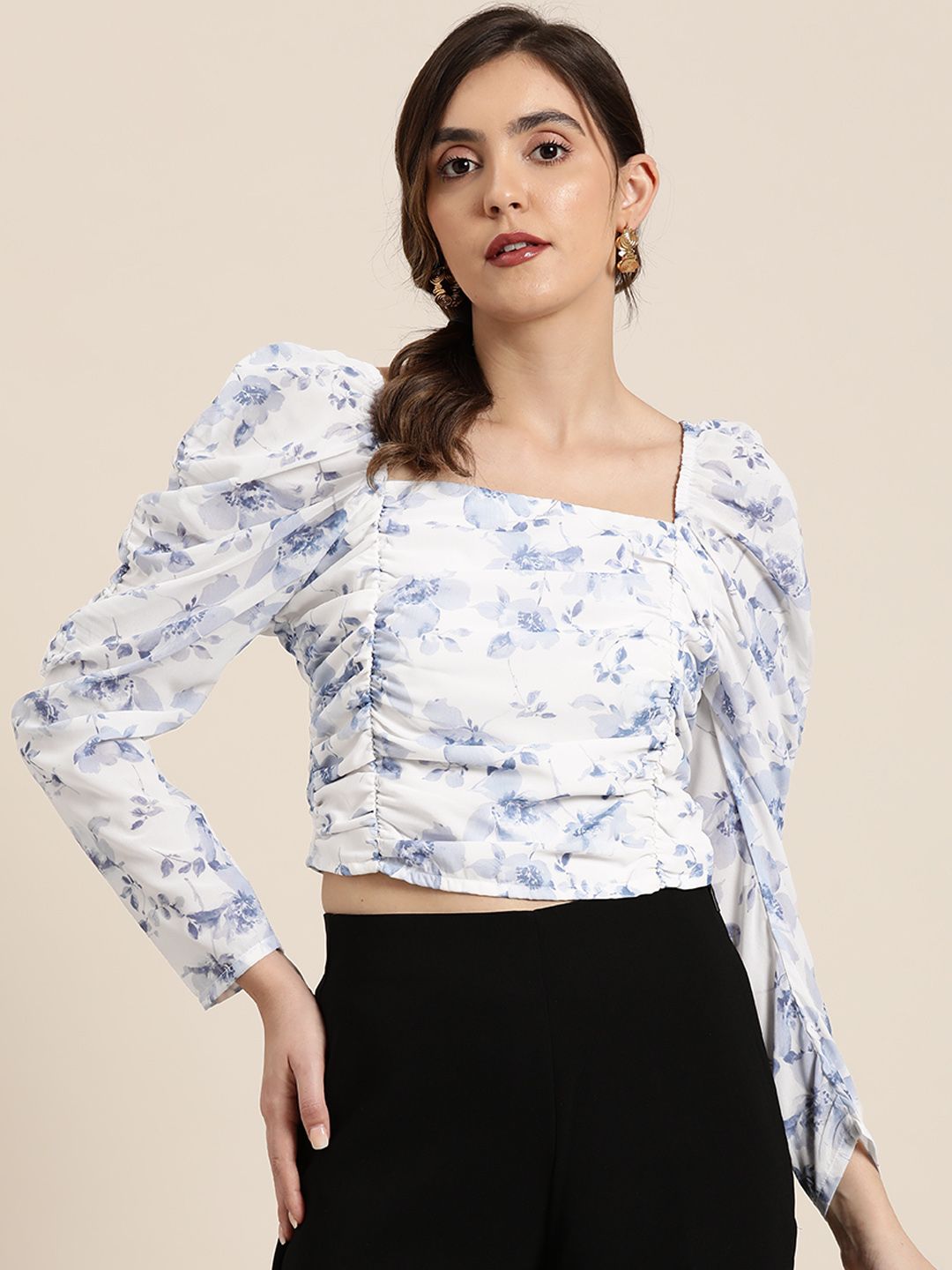 Moda Rapido White & Blue Floral Print Puff Sleeve Top Price in India