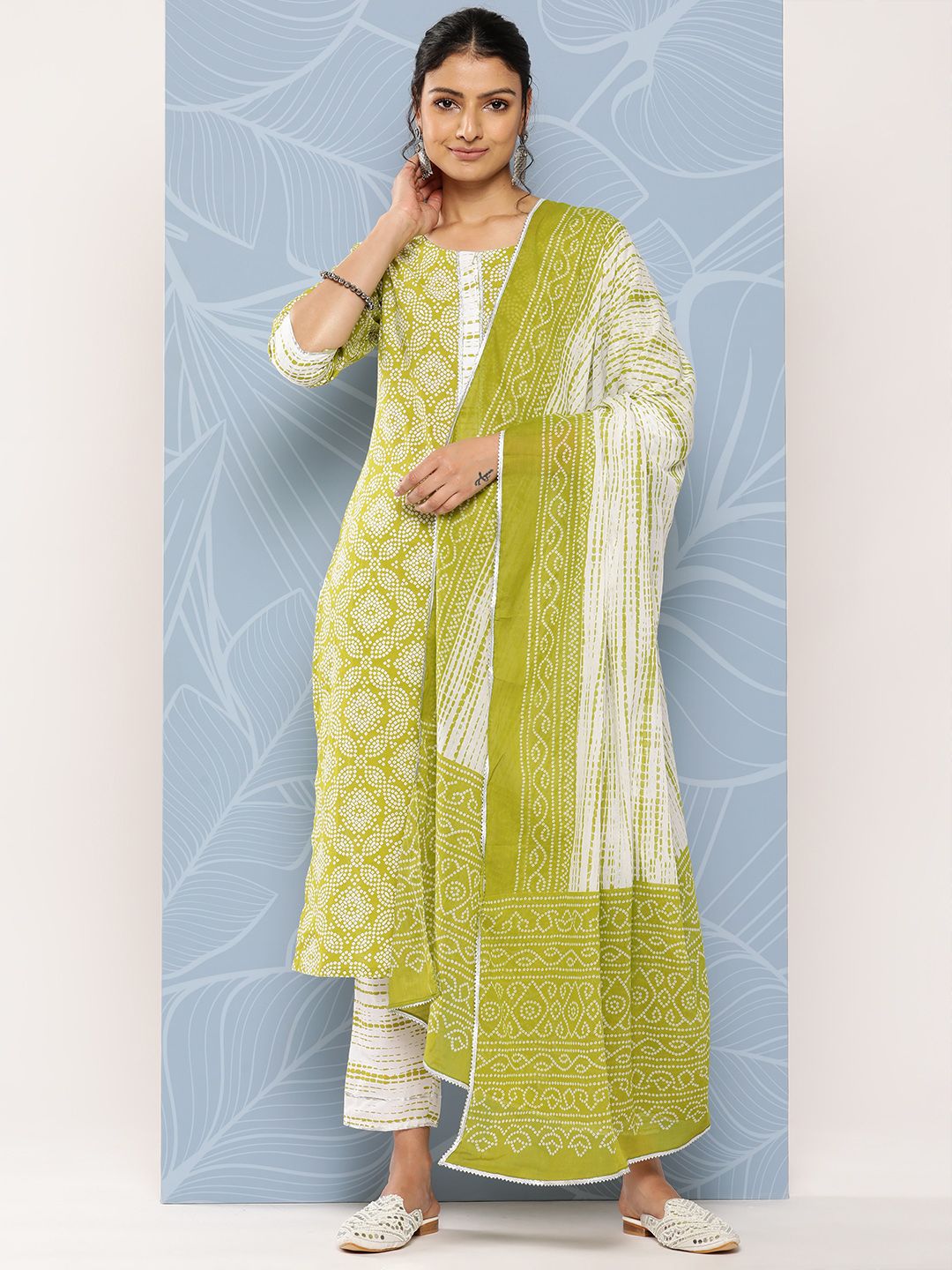 Libas Bandhani Printed Regular Gotta Patti Pure Cotton Kurta With Trousers & Dupatta Price in India